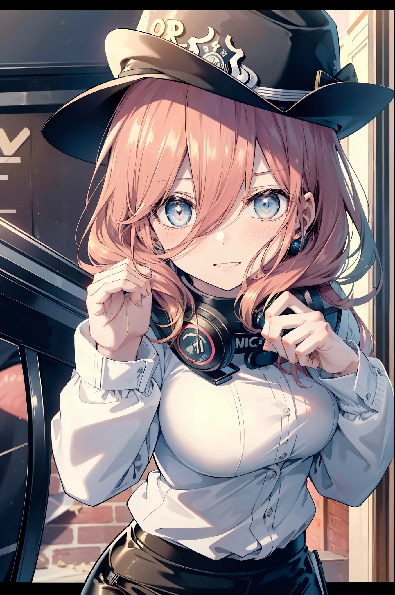 miku nakano, Nakano Miku Ticket III, long hair, bangs, blue eyes, brown hair, hair between eyes, headphones around neck,big breasts,police hat,smile,blush,open your mouth,sexy police uniform,black pencil skirt,black pantyhose,stiletto heels,The girl salutes with her left hand,Place your right hand on your hip.,Looking up,sunrise,morning,sun,
break outdoors, In town,building street,
break looking at viewer, (cowboy shot:1.5), (Upper body:1.5),
break (masterpiece:1.2), highest quality, High resolution, unity 8k wallpaper, (figure:0.8), (detailed and beautiful eyes:1.6), highly detailed face, perfect lighting, Very detailed CG, (perfect hands, perfect anatomy),