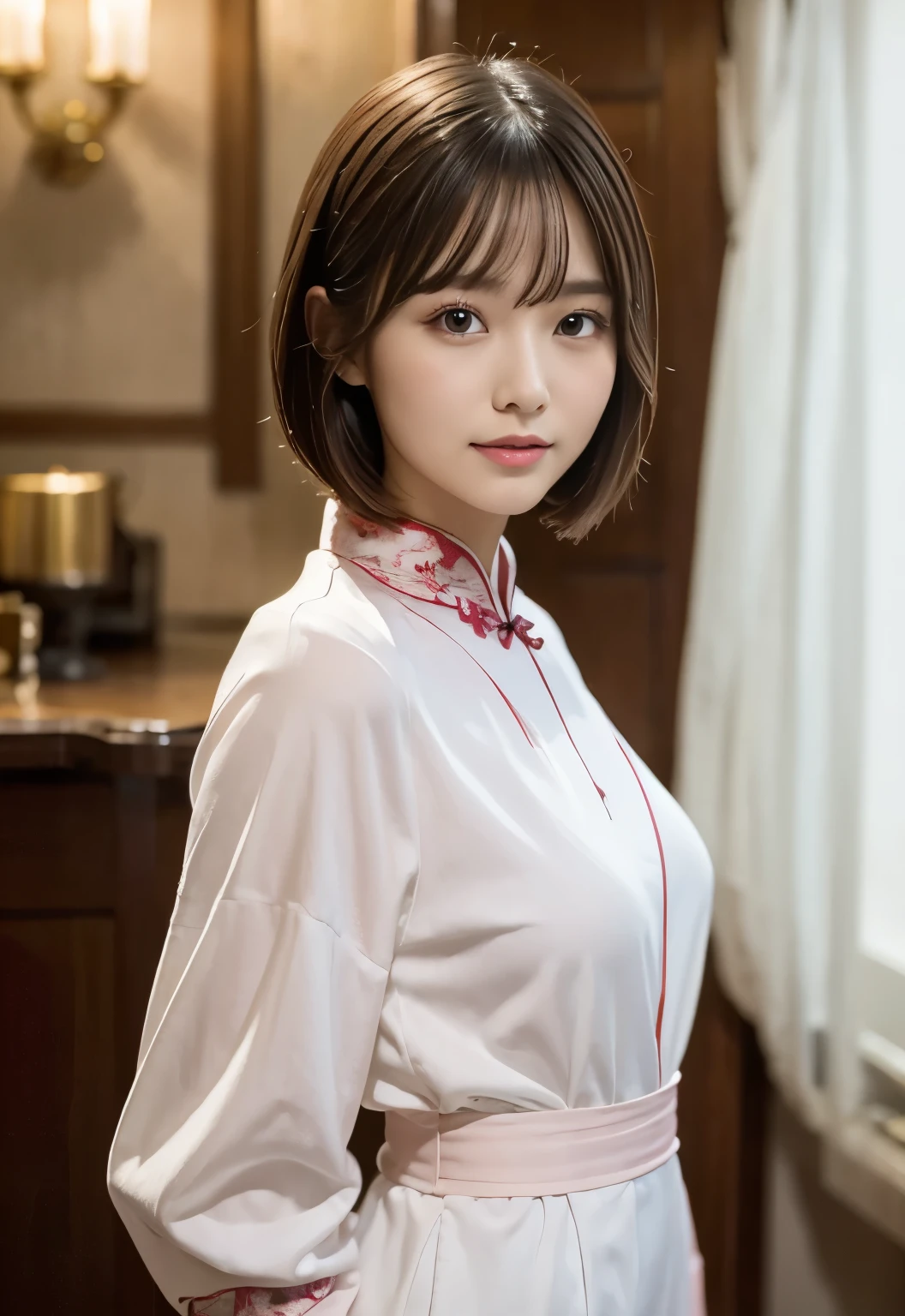 (((luxury:1.3, indoor, Photographed from the front))), ((medium bob:1.3, pink cheongsam, japanese woman, cute)), (clean, natural makeup), (highest quality, masterpiece:1.3, 超High resolution), (Super detailed, caustics), (realistic:1.4, RAW shooting), very detailed, High resolution, 16K resolution