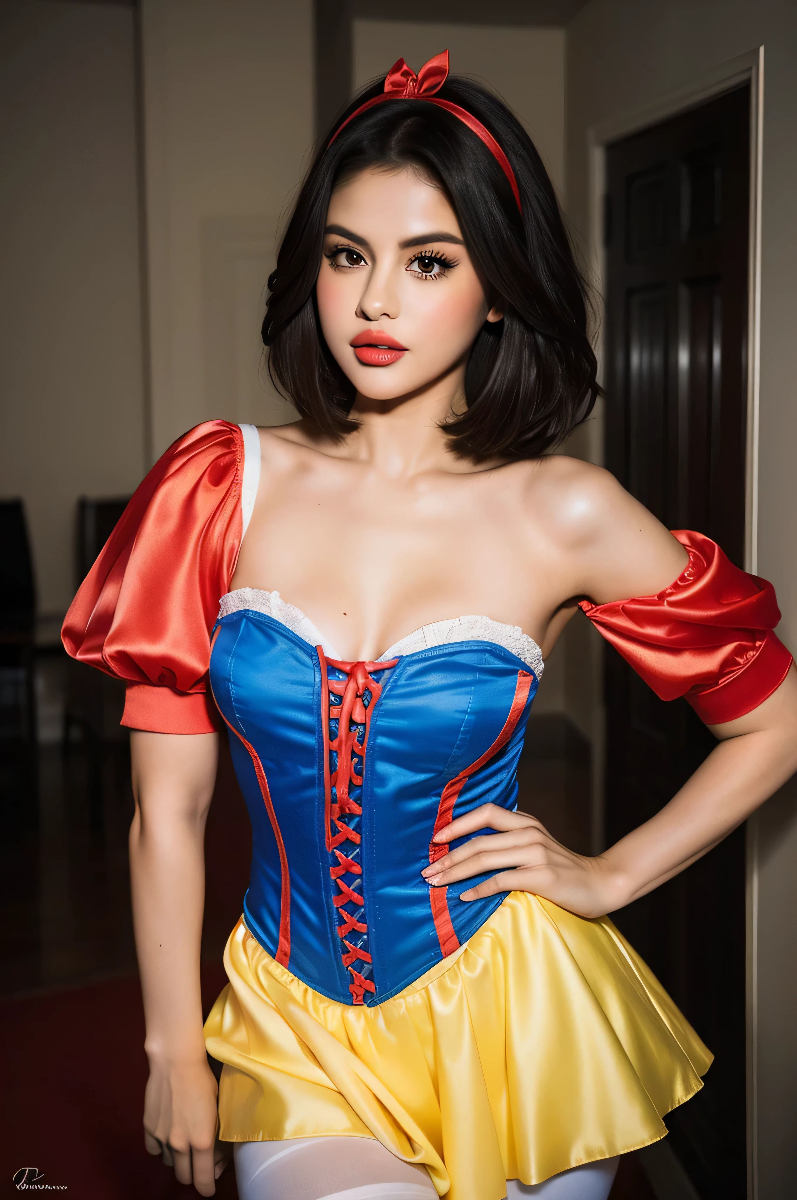 Beautiful Selena Gomez, snow white cosplay, silk blue corset, yellow pleated silk skater skirt, red and white slashed puffed shoulder sleeves, black bob hair, red headband, red cape, silk, satin, photorealistic, masterpiece, best quality, beautifully detailed face, detailed skin, white leggings, sexy, 