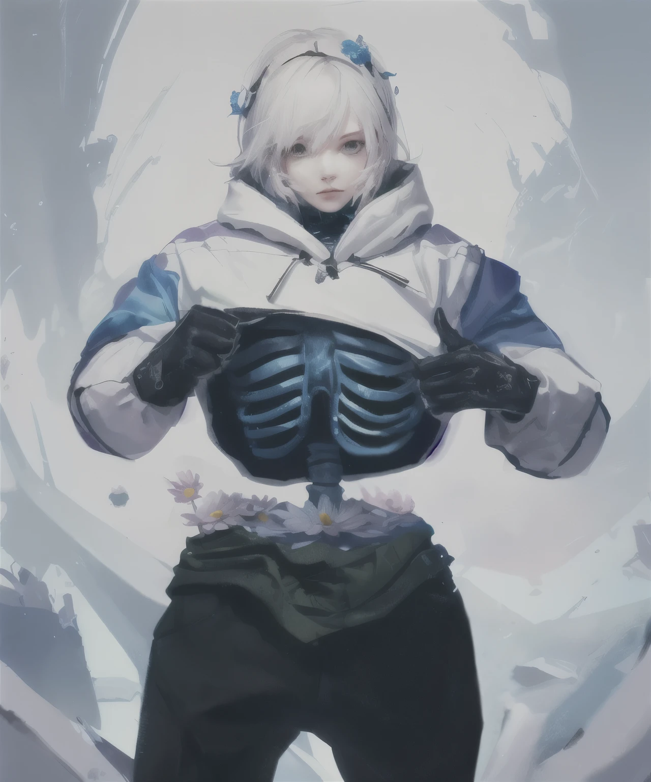 a drawing of a woman in a hoodie, full body character, detailed full body, rib cage body with flowers, beautiful girl, cute face, 8k, masterpiece
