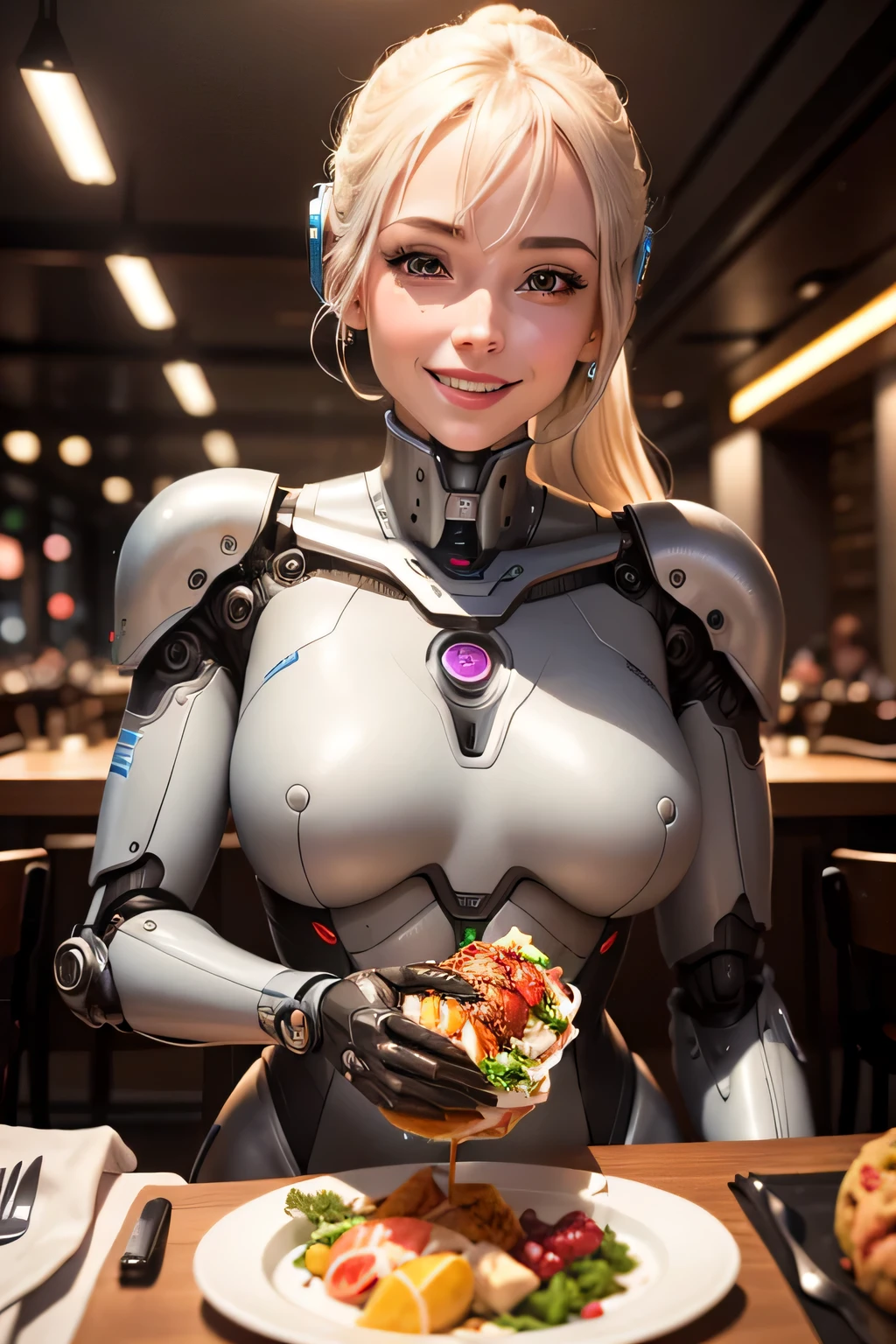 Female robot enjoying a meal at a restaurant Machine body mechanical limbs Smile in front of delicious-looking food, Hmm, retina, masterpiece, Accurate, anatomically correct, rough skin, Super detailed, advanced details, high quality, Awards, 最high quality, High resolution