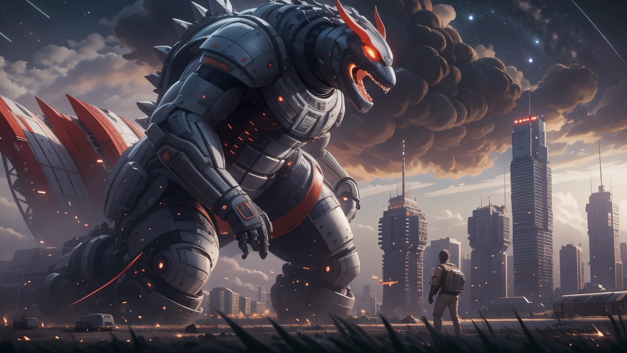 (A realistic depiction of) Ultraman and Godzilla engaged in an epic battle at a spaceship arena,(best quality:1.2),(ultra-detailed, vivid colors),[concept art],(physically-based rendering),(sharp focus). The powerful Ultraman is shown in a dynamic stance, radiating intense energy, with every detail of his muscular physique and distinctive armor clearly visible. His eyes glow brightly, giving off a piercing light. In contrast, the colossal Godzilla looms over the spaceship arena, his massive body covered in scaly skin, [with smoke emanating](physically-based rendering) from his mouth, as he unleashes his destructive atomic breath. The entire scene is illuminated by a dramatic [spotlight](studio lighting) with vibrant colors, creating a sense of awe and tension. The background is filled with a dense crowd of cheering spectators, anxiously observing this fierce clash of titans. (artistic style: concept art)