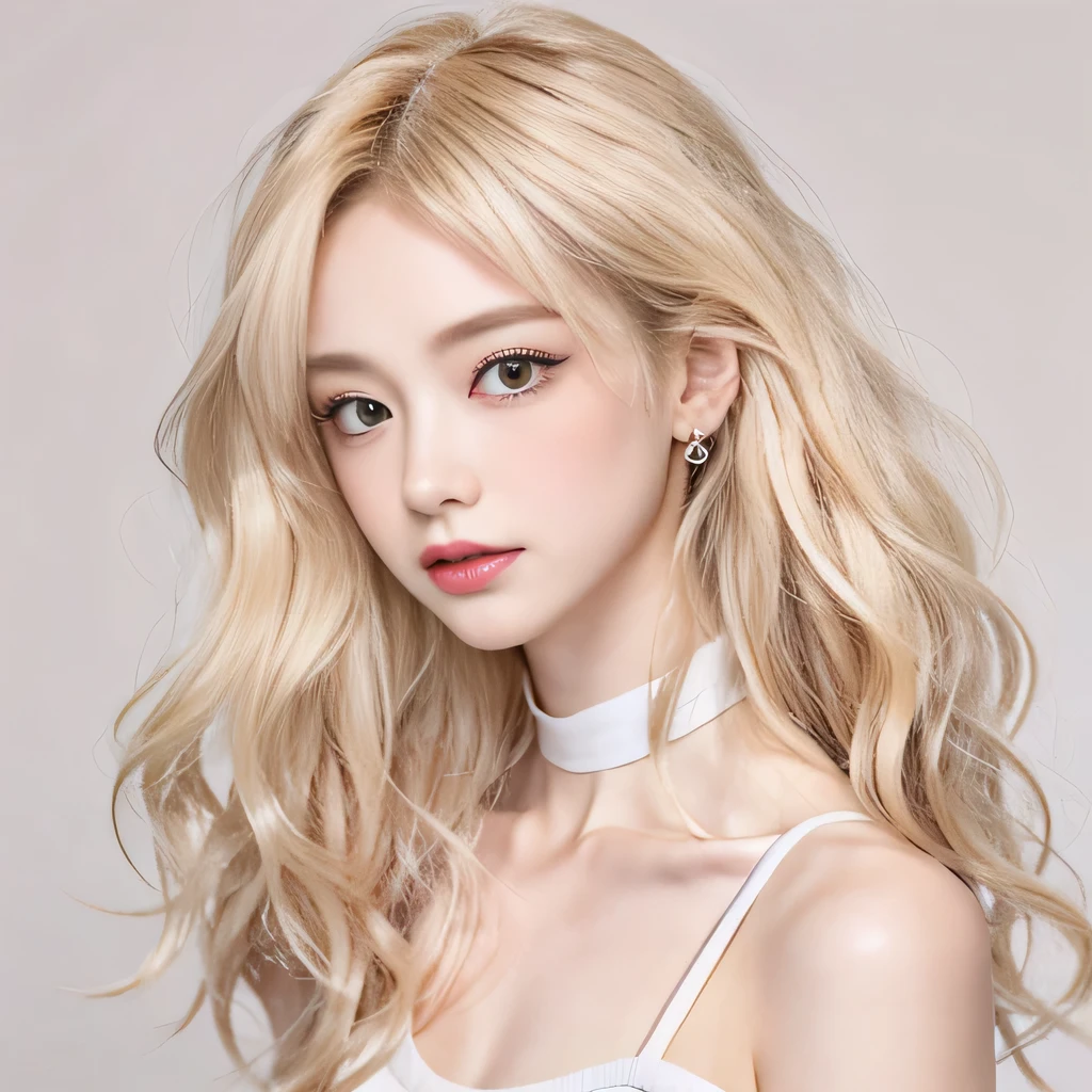 8k)、(best image quality:1.5)、gray background、close up of face、1girl、masterpiece、delicate and sharp eyes、brown eyes、eye power、delicate face、cup、attractive face、platinum blonde hair、Semi-long wave、bikini、white swimsuit、Swimsuit that shows collarbone、gal、Emphasis on the clavicle、earrings、