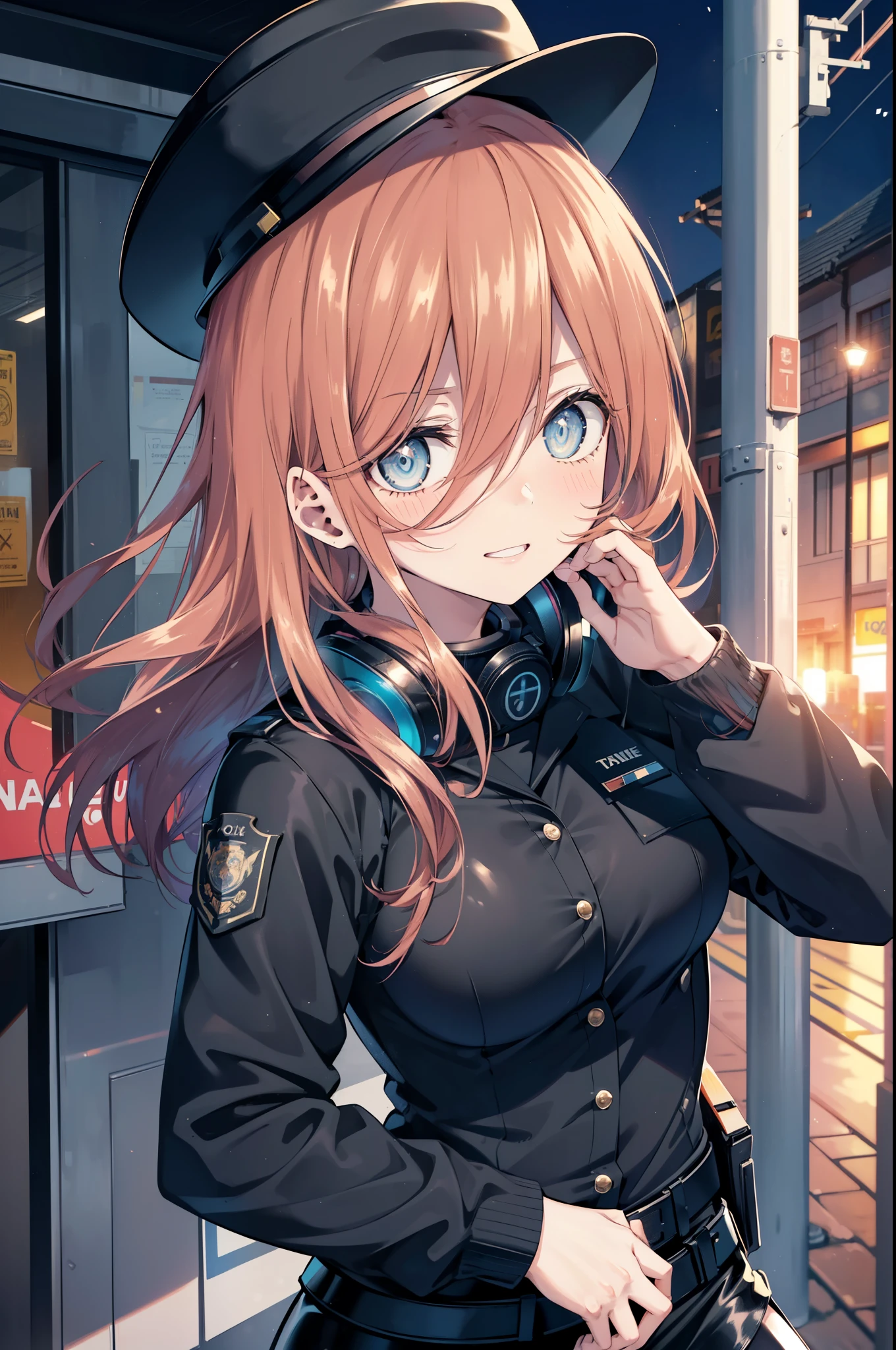 miku nakano, Nakano Miku Ticket III, long hair, bangs, blue eyes, brown hair, hair between eyes, headphones ,police hat,smile,blush,open your mouth,sexy police uniform,black pencil skirt,black pantyhose,stiletto heels,The girl salutes with her left hand,Place your right hand on your hip.,Looking up,sunrise,morning,sun,
break outdoors, In town,building street,
break looking at viewer, (cowboy shot:1.5), (Upper body:1.5),
break (masterpiece:1.2), highest quality, High resolution, unity 8k wallpaper, (figure:0.8), (detailed and beautiful eyes:1.6), highly detailed face, perfect lighting, Very detailed CG, (perfect hands, perfect anatomy),