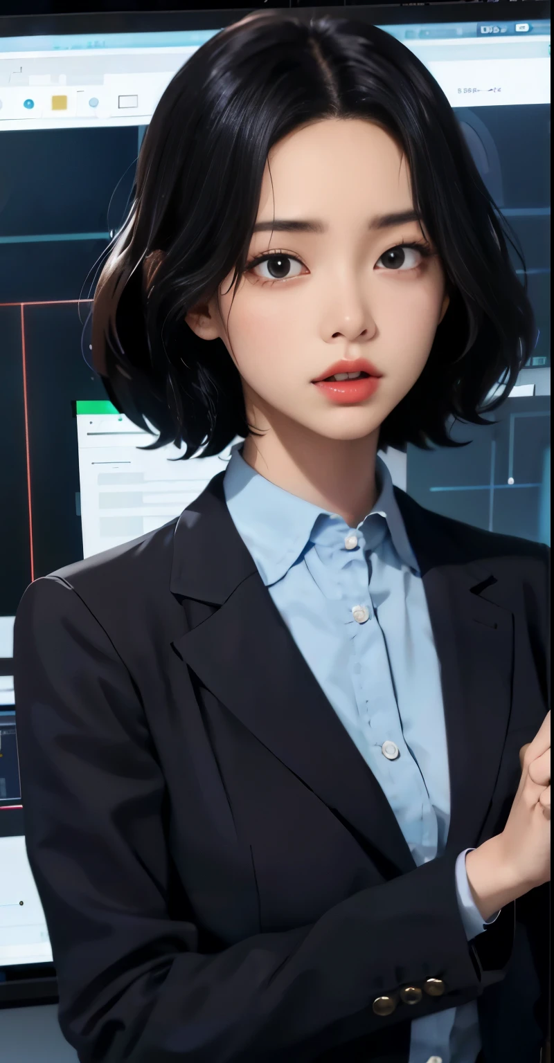 An engineer dressed as a young black-haired woman with a serious expression, The background is a large scientific observatory with a large screen and many staff members