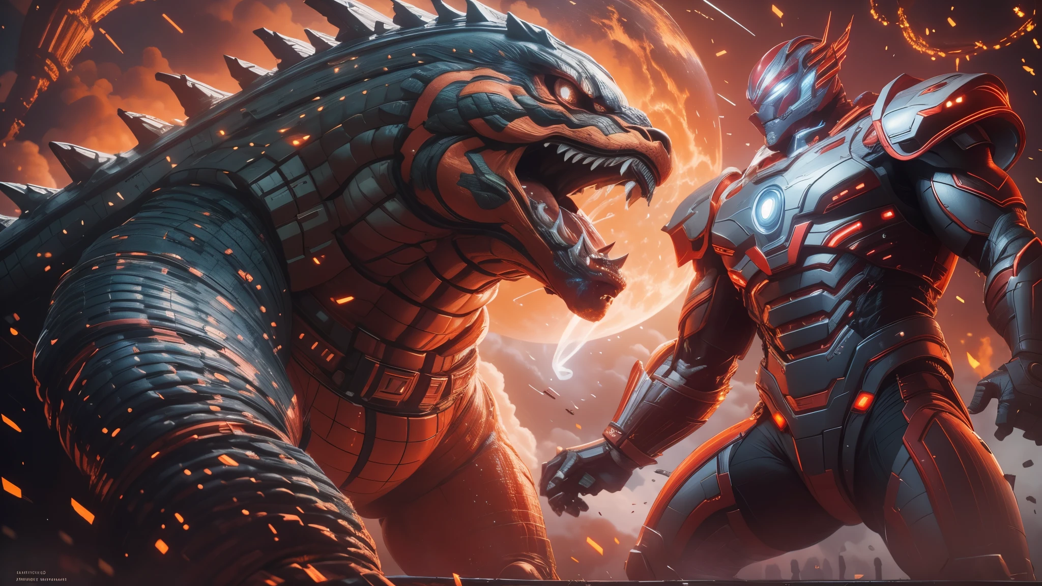(A realistic depiction of) Ultraman and Godzilla engaged in an epic battle at a spaceship arena,(best quality:1.2),(ultra-detailed, vivid colors),[concept art],(physically-based rendering),(sharp focus). The powerful Ultraman is shown in a dynamic stance, radiating intense energy, with every detail of his muscular physique and distinctive armor clearly visible. His eyes glow brightly, giving off a piercing light. In contrast, the colossal Godzilla looms over the spaceship arena, his massive body covered in scaly skin, [with smoke emanating](physically-based rendering) from his mouth, as he unleashes his destructive atomic breath. The entire scene is illuminated by a dramatic [spotlight](studio lighting) with vibrant colors, creating a sense of awe and tension. The background is filled with a dense crowd of cheering spectators, anxiously observing this fierce clash of titans. (artistic style: concept art)