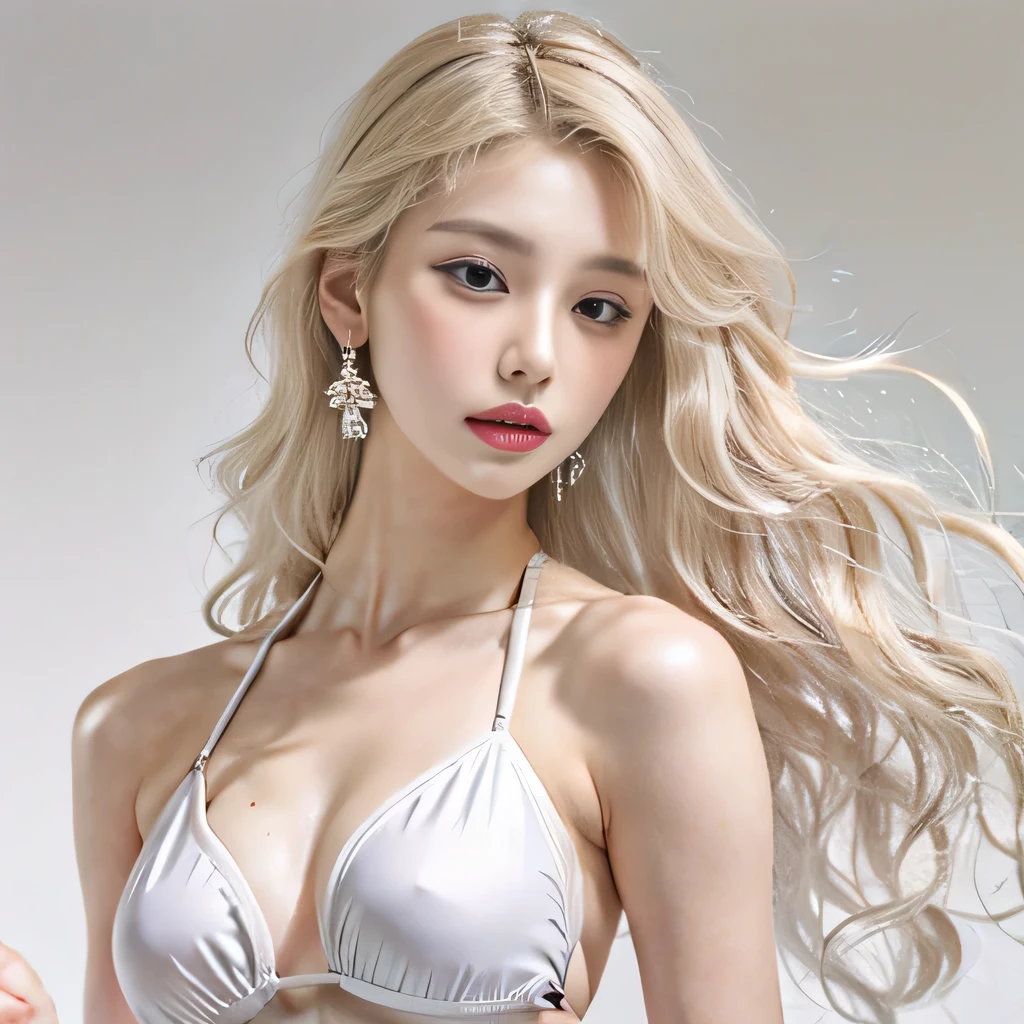 8k）、（best image quality:1.5）、gray background、close up of face、１girl、masterpiece、delicate and sharp eyes、brown eyes、eye power、delicate face、cup、attractive face、platinum blonde hair、Semi-long wave、bikini、white swimsuit、Swimsuit that shows collarbone、gal、Emphasis on the clavicle、earrings、