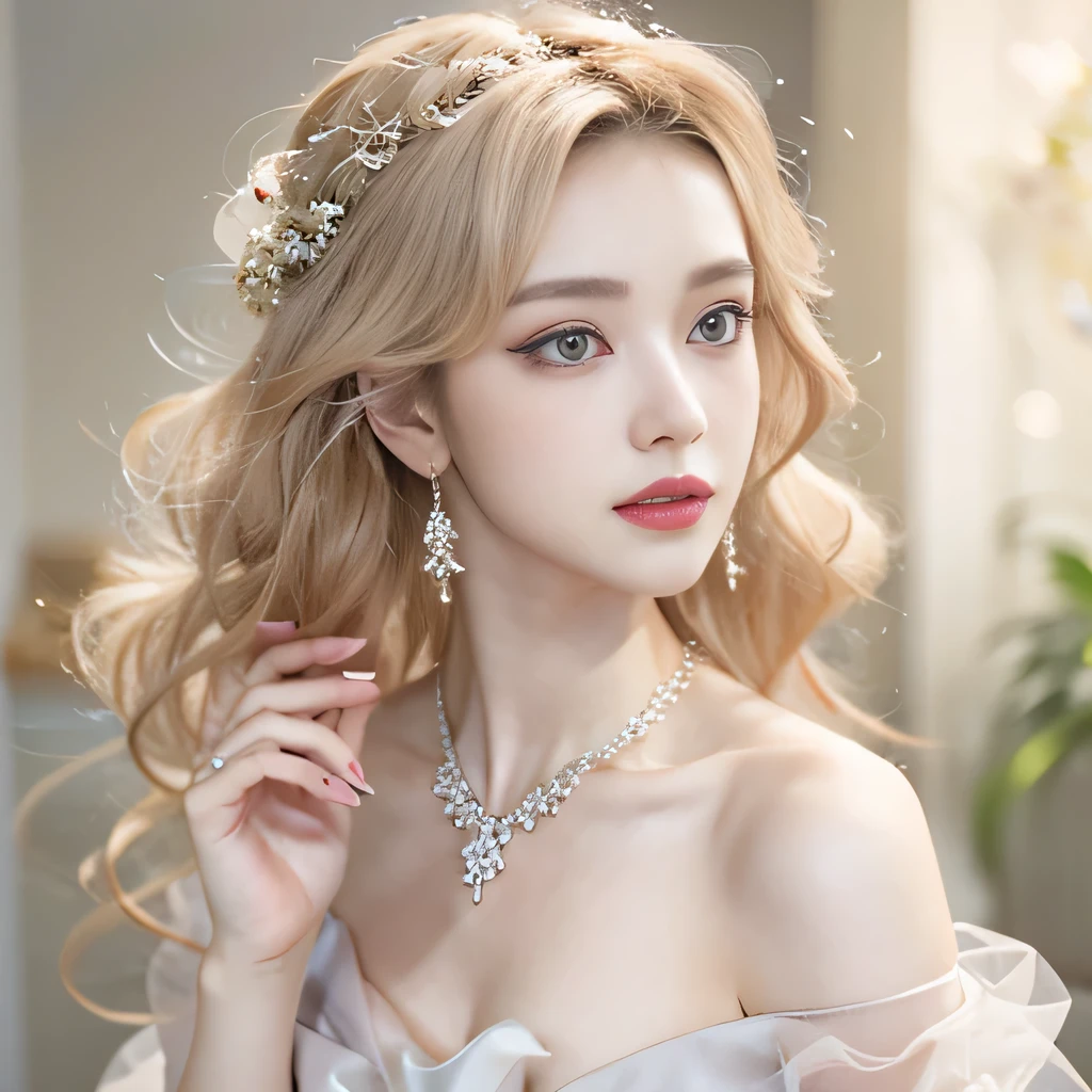 8k）、（best image quality:1.5）、gray background、close up of face、１girl、masterpiece、delicate and sharp eyes、brown eyes、eye power、delicate face、cup、attractive face、platinum blonde hair、Semi-long wave、Wedding dress、白いWedding dress、I can see the collarbone、gal、Emphasis on the clavicle、earrings、necklace、