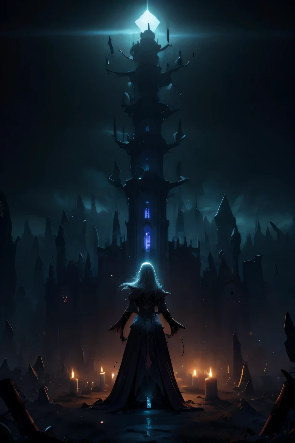 Generate a full-body image of a necromancer standing in the center of a dark and foreboding location. The necromancer's eyes must have a completely white iris, level of detail 1.2. Your face should display a mixture of sensuality and demonic expression. The necromancer's skin should be pale and dead, contrasting with the dark environment. Surrounding the necromancer is a shadowy landscape of rotting, dismembered bodies rising from the earth, souls of the dead, and candles illuminating the symbols of dark magic, detail level 1.2. using advanced rendering and modeling techniques. Use the following software for creation: 3DS Max, SketchUp, SolidWorks, AutoCAD, Blender, Vectary, MeshMixer, and Unreal Engine 5. Apply photon mapping, radiosity, and physical rendering techniques with automatic white balance for realistic lighting. Create a cinematic lighting setup with a slightly heightened twilight effect. Make sure the final image has a soft focus effect but remains ultra-detailed and realistic. Artwork should not be based on a specific photograph. Evoke a sense of technology and high-quality craftsmanship, reminiscent of a masterpiece of illustration and CG art. Include elements of unity, wallpaper and official art in the composition. It presents fine details, extreme delicacy and beauty, with sharp focus and a high level of detail. Render woman's hair with detailed bangs. Render the final image with a black background and a plain background. Do not include watermarks or text overlays in the generated image.