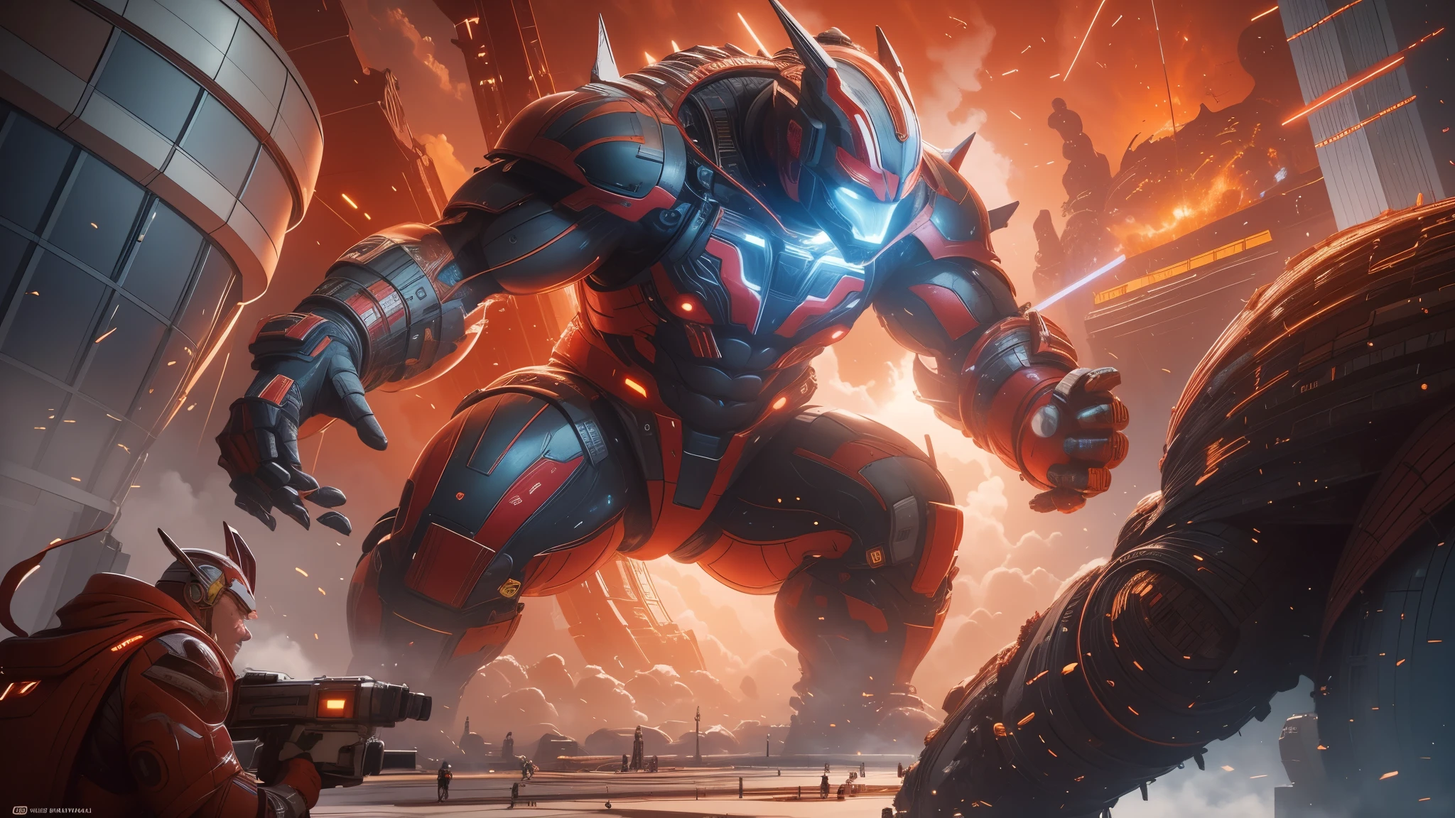 (A realistic depiction of) Ultraman and Godzilla engaged in an epic battle at a spaceship arena,(best quality:1.2),(ultra-detailed, vivid colors),[concept art],(physically-based rendering),(sharp focus). The powerful Ultraman is shown in a dynamic stance, radiating intense energy, with every detail of his muscular physique and distinctive armor clearly visible. His eyes glow brightly, giving off a piercing light. In contrast, the colossal Godzilla looms over the spaceship arena, his massive body covered in scaly skin, [with smoke emanating](physically-based rendering) from his mouth, as he unleashes his destructive atomic breath. The entire scene is illuminated by a dramatic [spotlight](studio lighting) with vibrant colors, creating a sense of awe and tension. The background is filled with a dense crowd of cheering spectators, anxiously observing this fierce clash of titans. (artistic style: concept art)