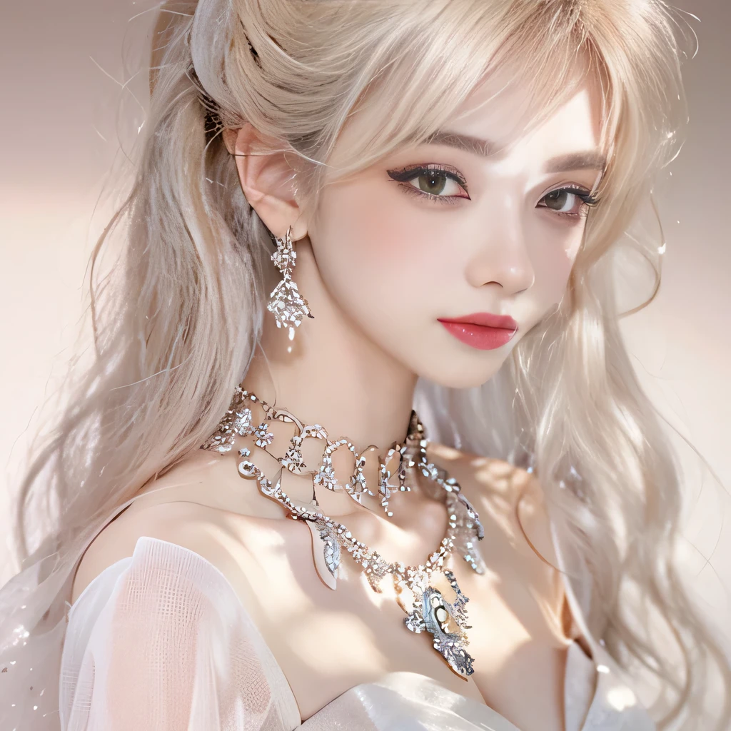 8k）、（best image quality:1.5）、gray background、close up of face、１girl、masterpiece、delicate and sharp eyes、brown eyes、eye power、delicate face、cup、attractive face、platinum blonde hair、Semi-long wave、Wedding dress、白いWedding dress、I can see the collarbone、gal、Emphasis on the clavicle、earrings、necklace、