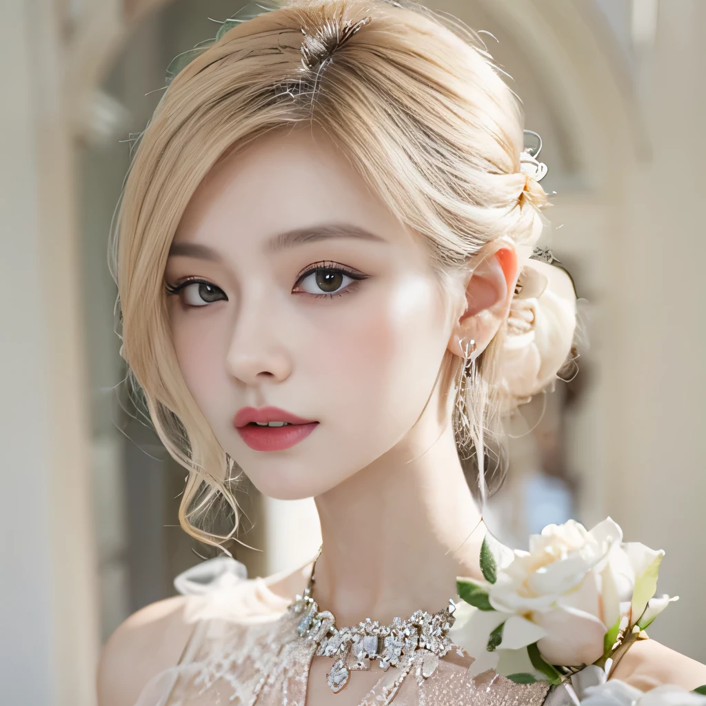 8k）、（best image quality:1.5）、gray background、close up of face、１girl、masterpiece、delicate and sharp eyes、brown eyes、eye power、delicate face、cup、attractive face、platinum blonde hair、Semi-long wave、Wedding dress、白いWedding dress、I can see the collarbone、gal、Emphasis on the clavicle、earrings、necklace、