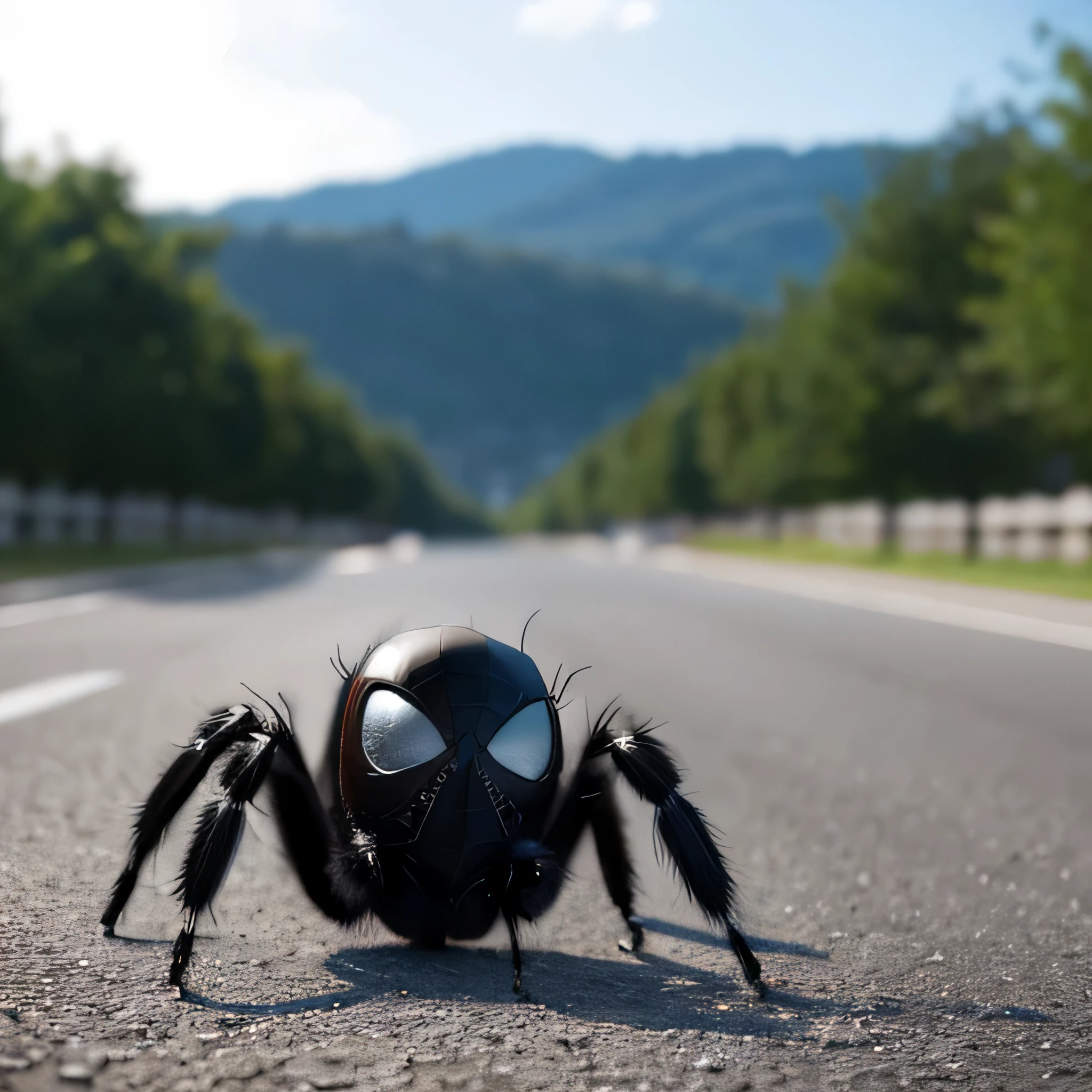 Create a realistic image of a black spider. The spider is on the ground. Make the image hyper realistic 
