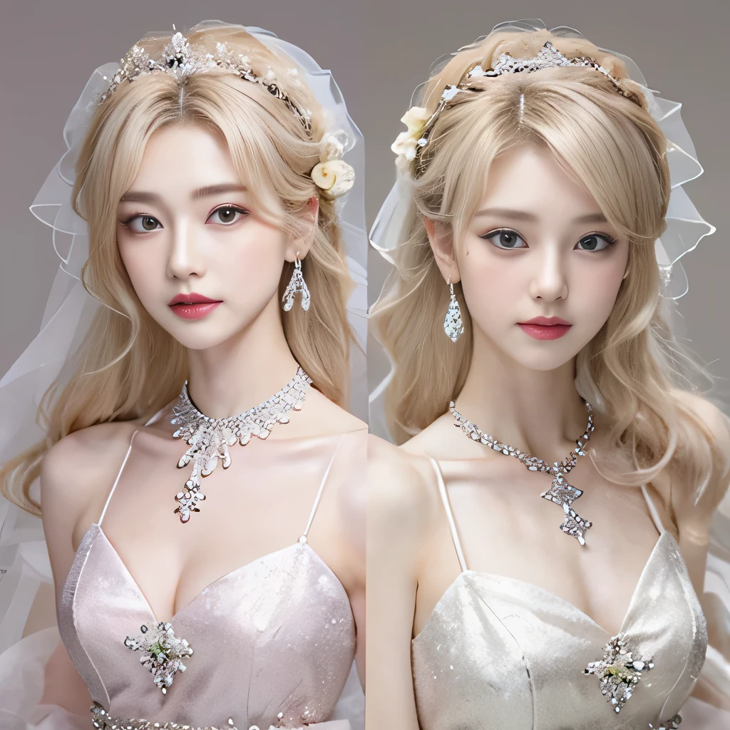 8k）、（best image quality:1.5）、gray background、close up of face、１girl、masterpiece、delicate and sharp eyes、brown eyes、eye power、delicate face、cup、attractive face、platinum blonde hair、Semi-long wave、Wedding dress、白いWedding dress、I can see the collarbone、gal、Emphasis on the clavicle、earrings、necklace、