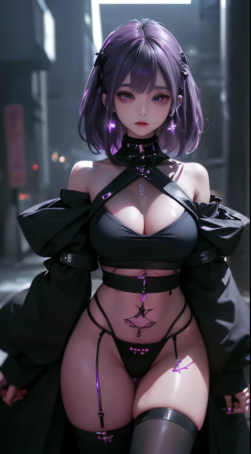 4K - ultra-vivid、highest quality, masterpiece, ultra high resolution, (reality: 1.4), 16 year old girl, purple eyes, Off-the-shoulder sweater dresses, cinematic lighting、purple and black hair、(Mine Girl、goth makeup、my makeup)、(earrings、big breasts、Oversized black T-shirt with open shoulders、Dark mini skirt)、((dark makeup、oil skin,glowing skin、realistic skin texture、fine and beautiful skin、shiny skin)), nightの暗い繁華街、night、blue film photography、kabukicho、Dark Cyberpunk、(full shot:1.8)、thin legs、thin arms、thin shoulders、thin waist、slender body、big breasts、whole body、(JAV cover: 1.8)