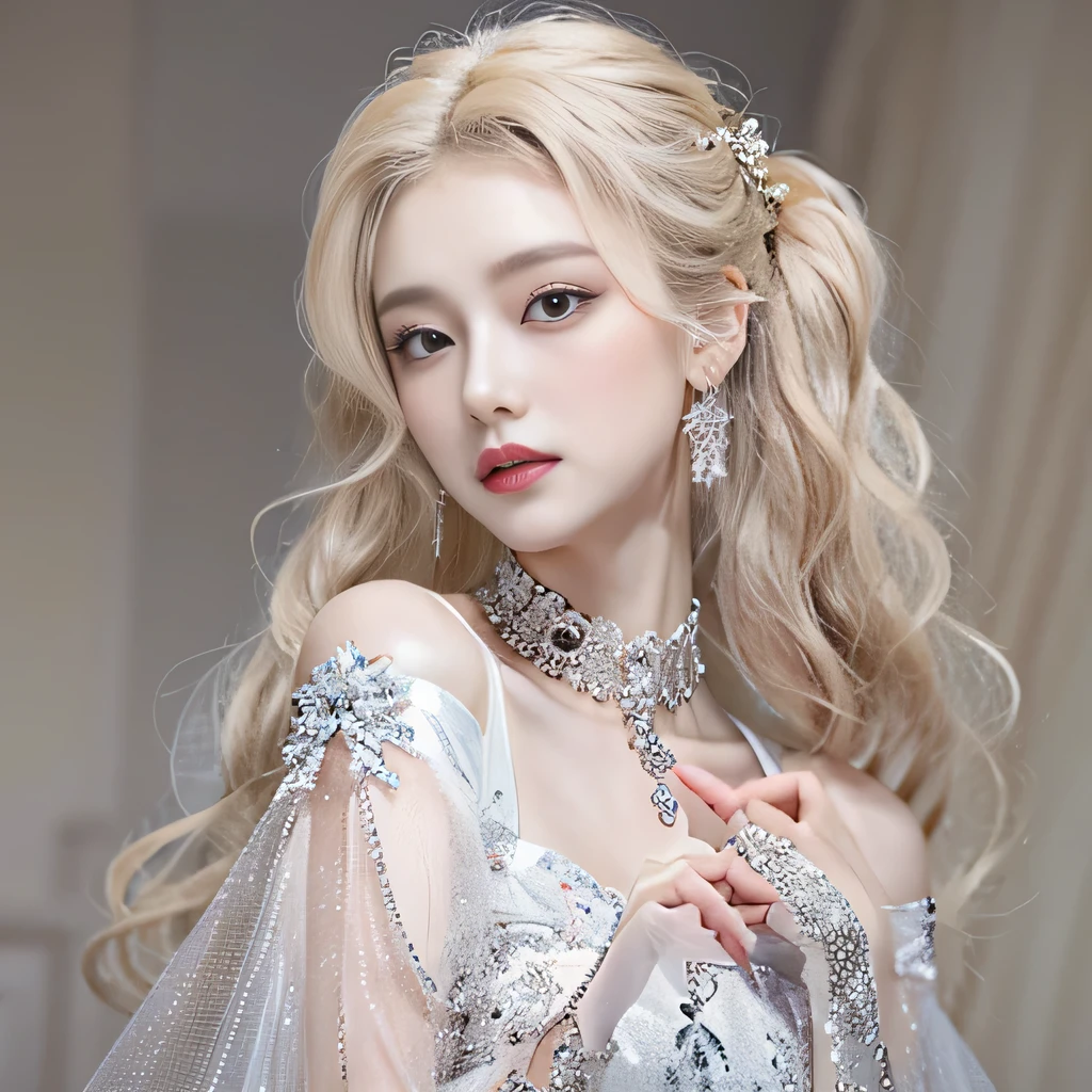 8k)、(best image quality:1.5)、gray background、close up of face、1girl、masterpiece、delicate and sharp eyes、brown eyes、eye power、delicate face、cup、attractive face、platinum blonde hair、Semi-long wave、Wedding dress、白いWedding dress、I can see the collarbone、gal、Emphasis on the clavicle、earrings、necklace、