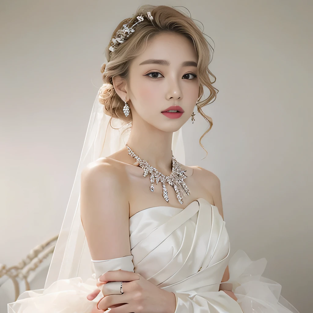 8k)、(best image quality:1.5)、gray background、close up of face、1girl、masterpiece、delicate and sharp eyes、brown eyes、eye power、delicate face、cup、attractive face、platinum blonde hair、Semi-long wave、Wedding dress、白いWedding dress、I can see the collarbone、gal、Emphasis on the clavicle、earrings、necklace、