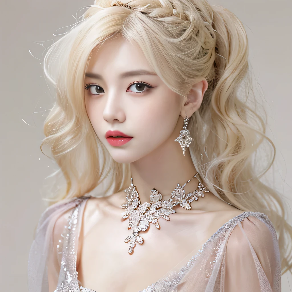 A woman with blonde hair wearing a dress and a necklace - SeaArt AI