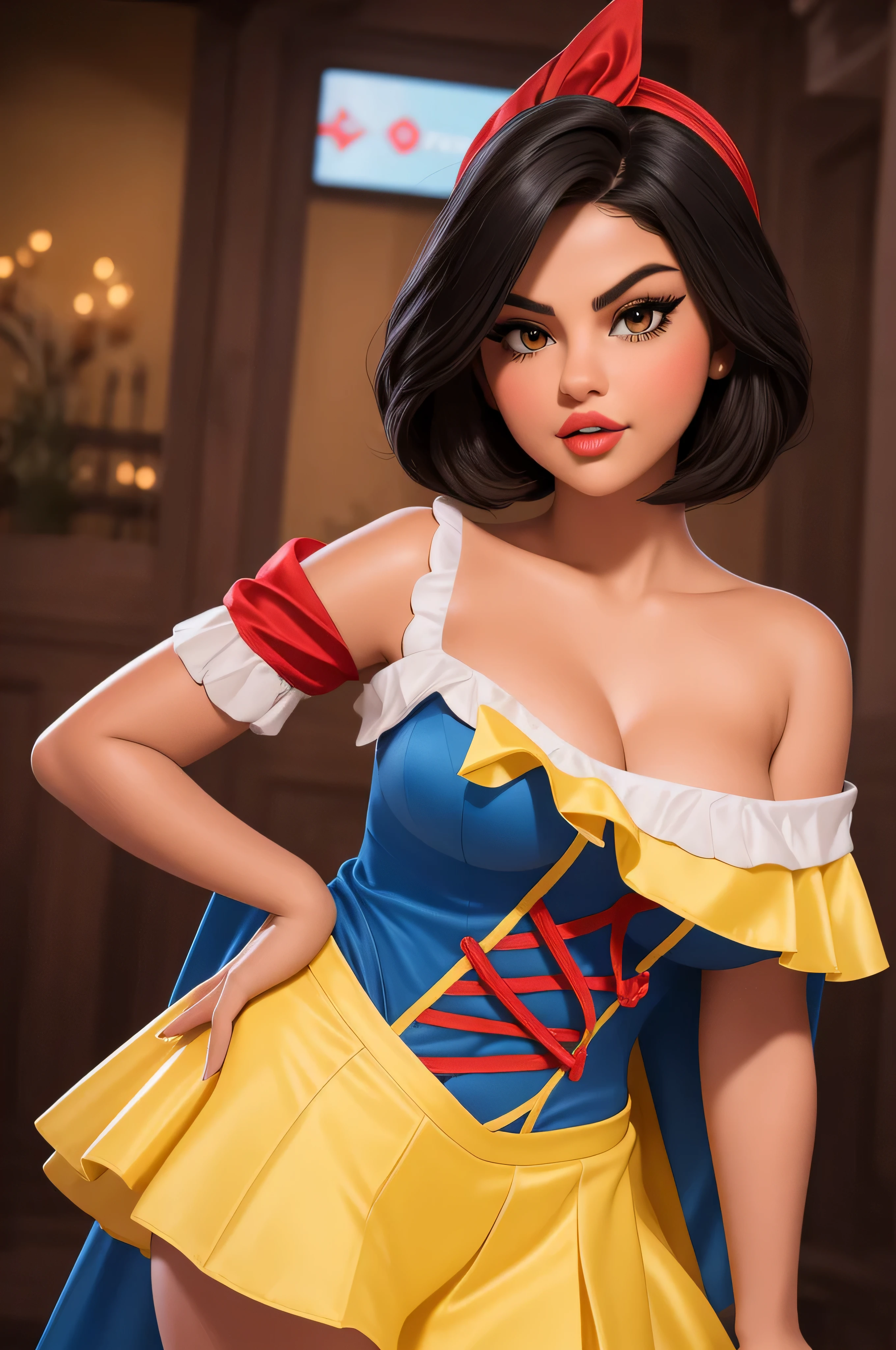 Beautiful Selena Gomez, snow white cosplay, silk blue corset, yellow pleated silk skater skirt, red and white slashed puffed shoulder sleeves, black bob hair, red headband, red cape, silk, satin, photorealistic, masterpiece, best quality, beautifully detailed face, detailed skin, white leggings, sexy, 