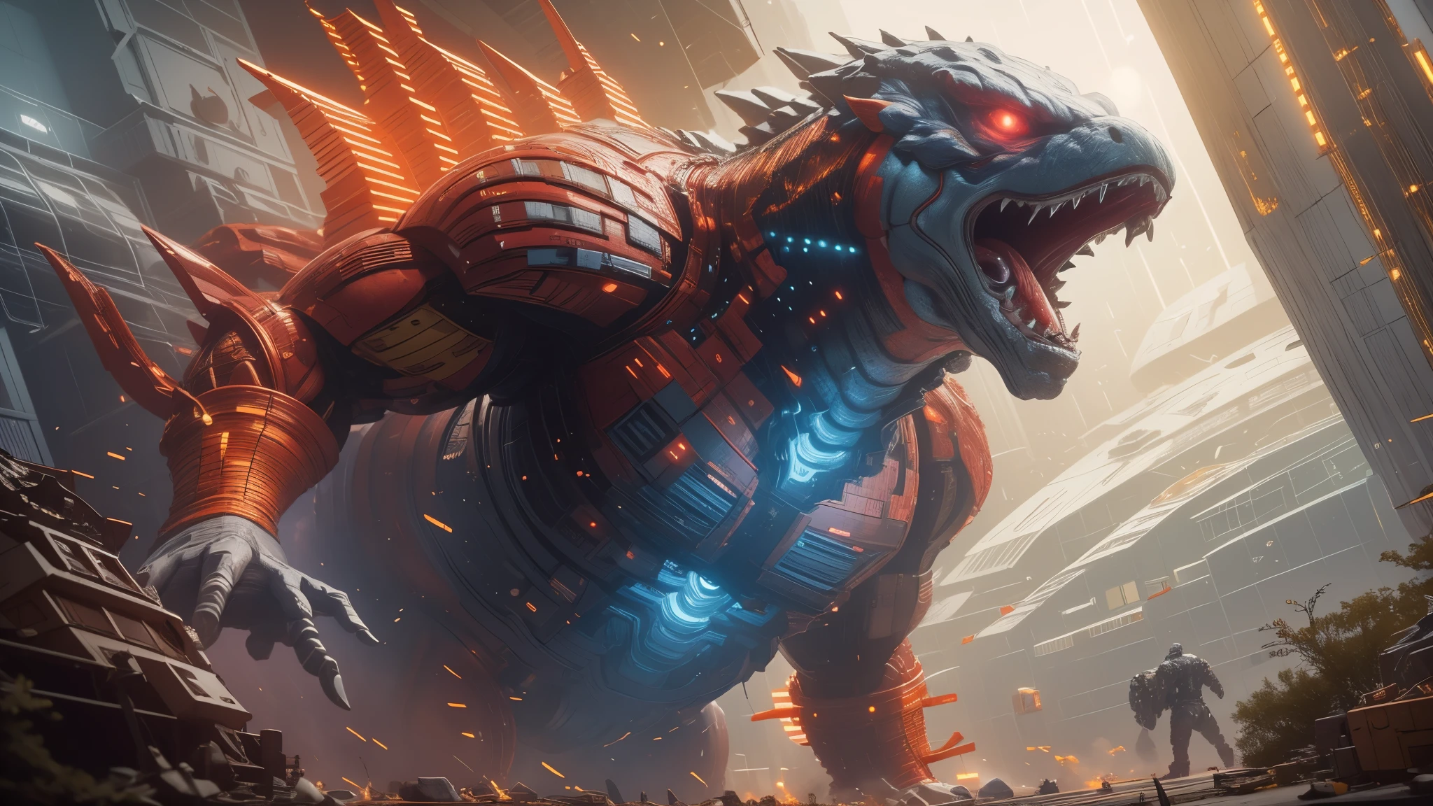 (A realistic depiction of) Ultraman and Godzilla engaged in an epic battle at a spaceship arena,(best quality:1.2),(ultra-detailed, vivid colors),[concept art],(physically-based rendering),(sharp focus). The powerful Ultraman is shown in a dynamic stance, radiating intense energy, with every detail of his muscular physique and distinctive armor clearly visible. His eyes glow brightly, giving off a piercing light. In contrast, the colossal Godzilla looms over the spaceship arena, his massive body covered in scaly skin, [with smoke emanating](physically-based rendering) from his mouth, as he unleashes his destructive atomic breath. The entire scene is illuminated by a dramatic [spotlight](studio lighting) with vibrant colors, creating a sense of awe and tension. The background is filled with a dense crowd of cheering spectators, anxiously observing this fierce clash of titans. (artistic style: concept art)