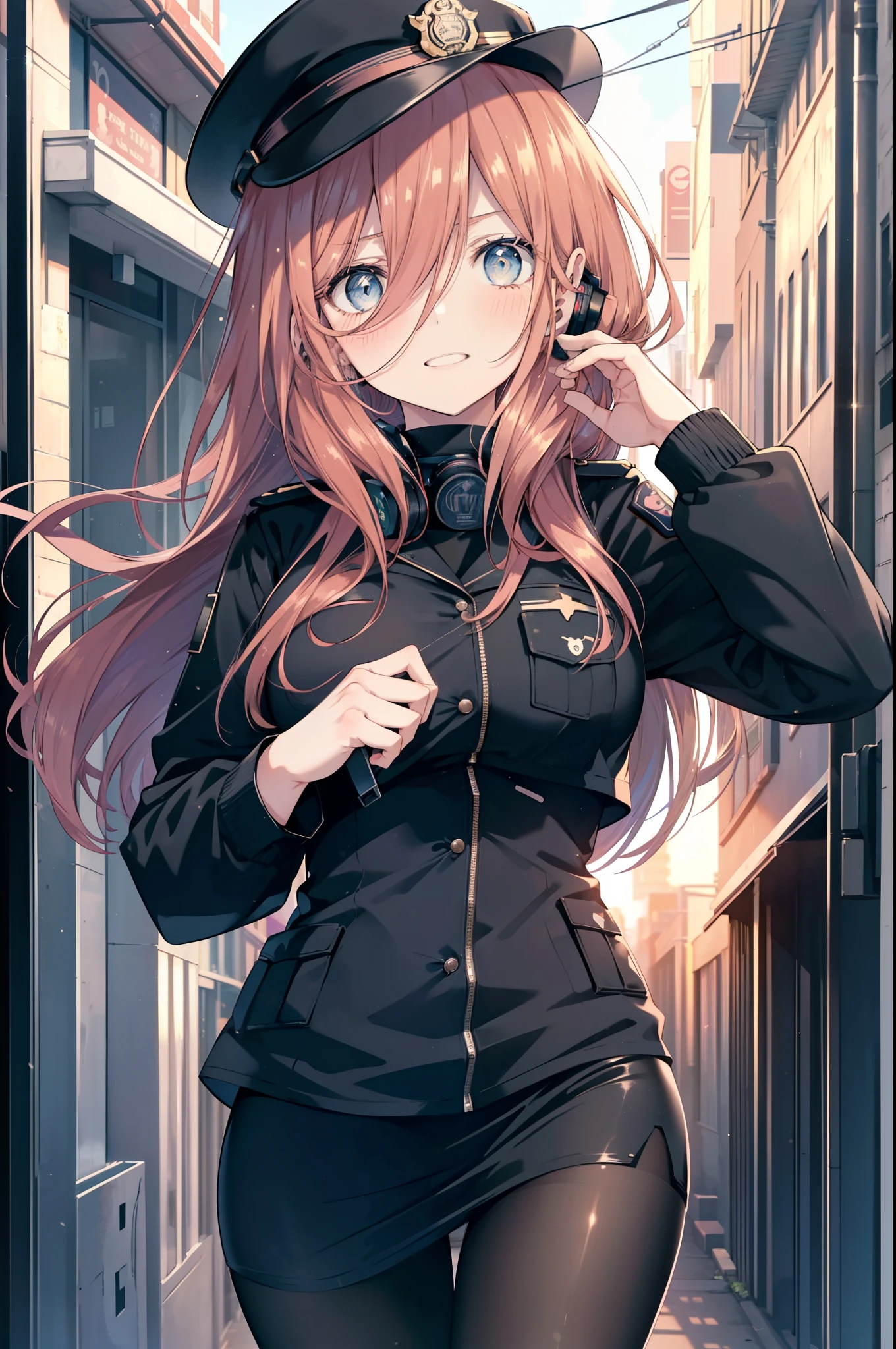 miku nakano, Nakano Miku Ticket III, long hair, bangs, blue eyes, brown hair, hair between eyes, headphones around neck,police hat,smile,blush,open your mouth,sexy police uniform,black pencil skirt,black pantyhose,stiletto heels,The girl salutes with her left hand,Place your right hand on your hip.,Looking up,sunrise,morning,sun,
break outdoors, In town,building street,
break looking at viewer, (cowboy shot:1.5), (Upper body:1.5),
break (masterpiece:1.2), highest quality, High resolution, unity 8k wallpaper, (figure:0.8), (detailed and beautiful eyes:1.6), highly detailed face, perfect lighting, Very detailed CG, (perfect hands, perfect anatomy),