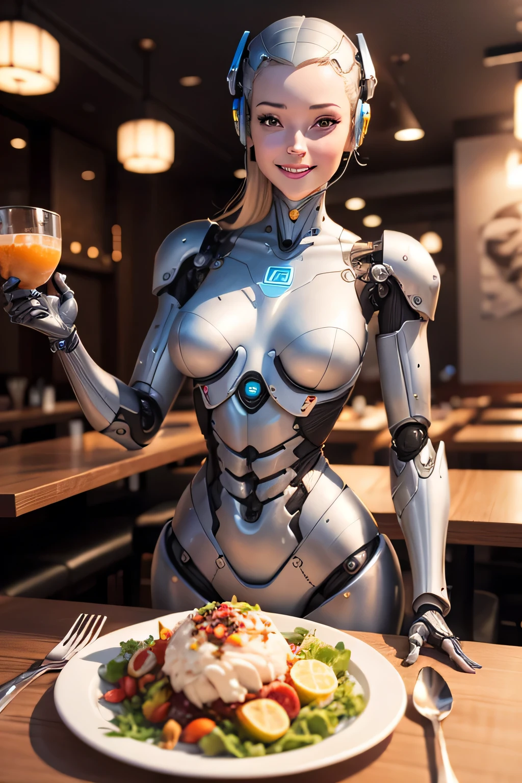 Female robot enjoying a meal at a restaurant　Machine body　mechanical limbs　Smile in front of delicious-looking food, Hmm, retina, masterpiece, Accurate, anatomically correct, rough skin, Super detailed, advanced details, high quality, Awards, 最high quality, High resolution