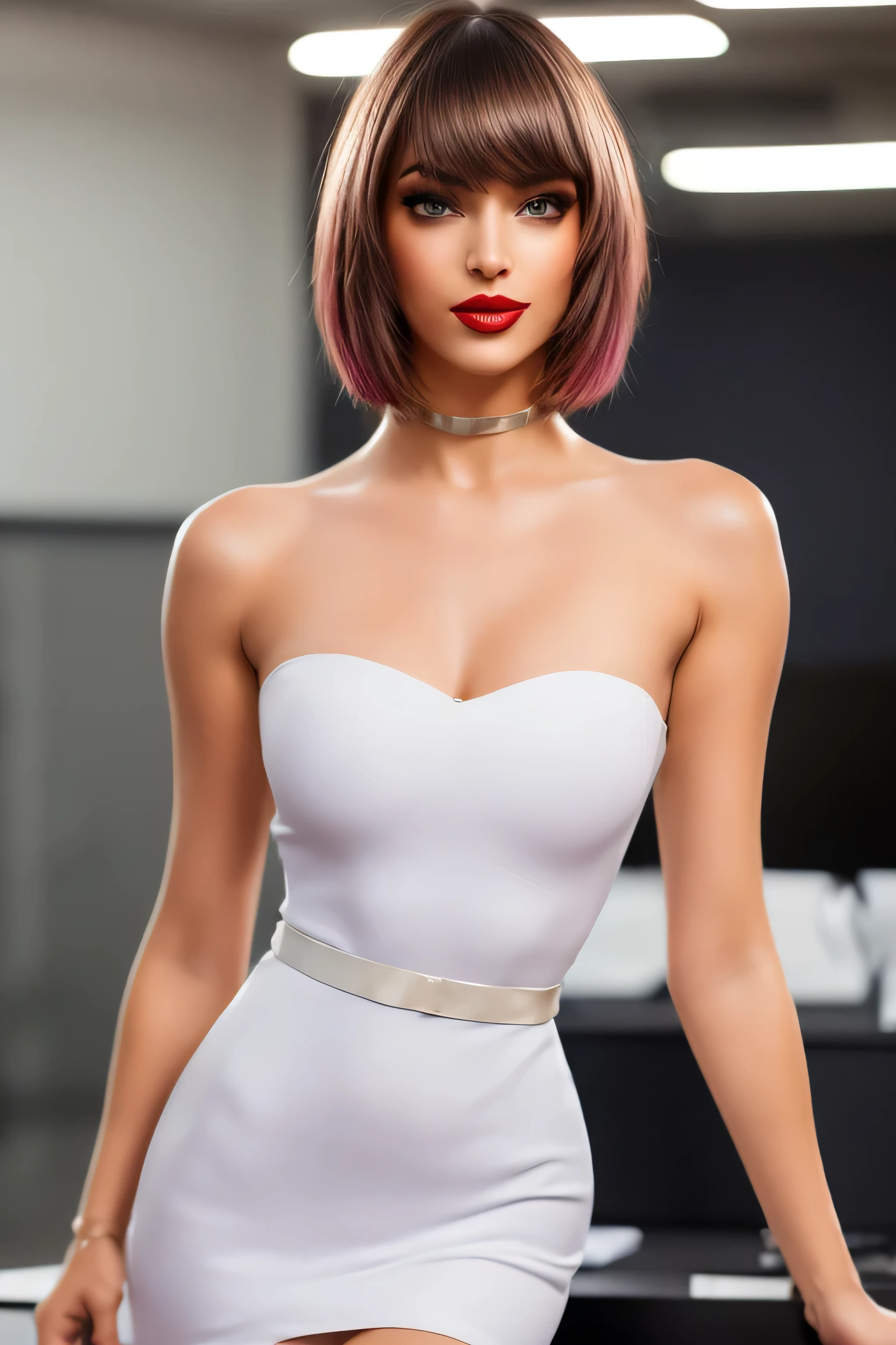 Best quality, PhotoRealistic, ultra detailed, finely detailed, high resolution, 8K wallpaper, Raw color photo, professional, High level of detail, (Model advertising a computer..). Beautiful 35 year old woman, (pale skin), (Masterpiece), (full body), (blue eyes), Realistic, happy face, (red lipstick), expressive smile, ((short shoulder length hair), (pink hair)), ((small breast, no cleavage)). white dress for woman, (Best quality,4k,8K,high resolution,Masterpiece:1.2),ultra detailed,(Realistic,photoRealistic,photoRealistic:1. 37),portrait, Tailored suit for ladies,professional setting,confident expression,stylish haircut,Office environment,modern office building,stunning architecture,elegant pose,executive woman,high heels,spacious and bright office,sharp focus,women working together,polished look,neutral color palette,soft natural lighting,clean and minimalist design,important business meeting, Intricate patterns on suit, well groomed hairstyle,Desk with computer and paperwork,air of authority,successful and accomplished women,award winning photo, (Face to face), (Look at viewers), small light, low contrast, facial symmetry, depth of fields, cinematic background, central image, softly lit, (finely detailed skin), Realistic skin texture, extreme skin details, (pores: 0. 1), small bust with good shape