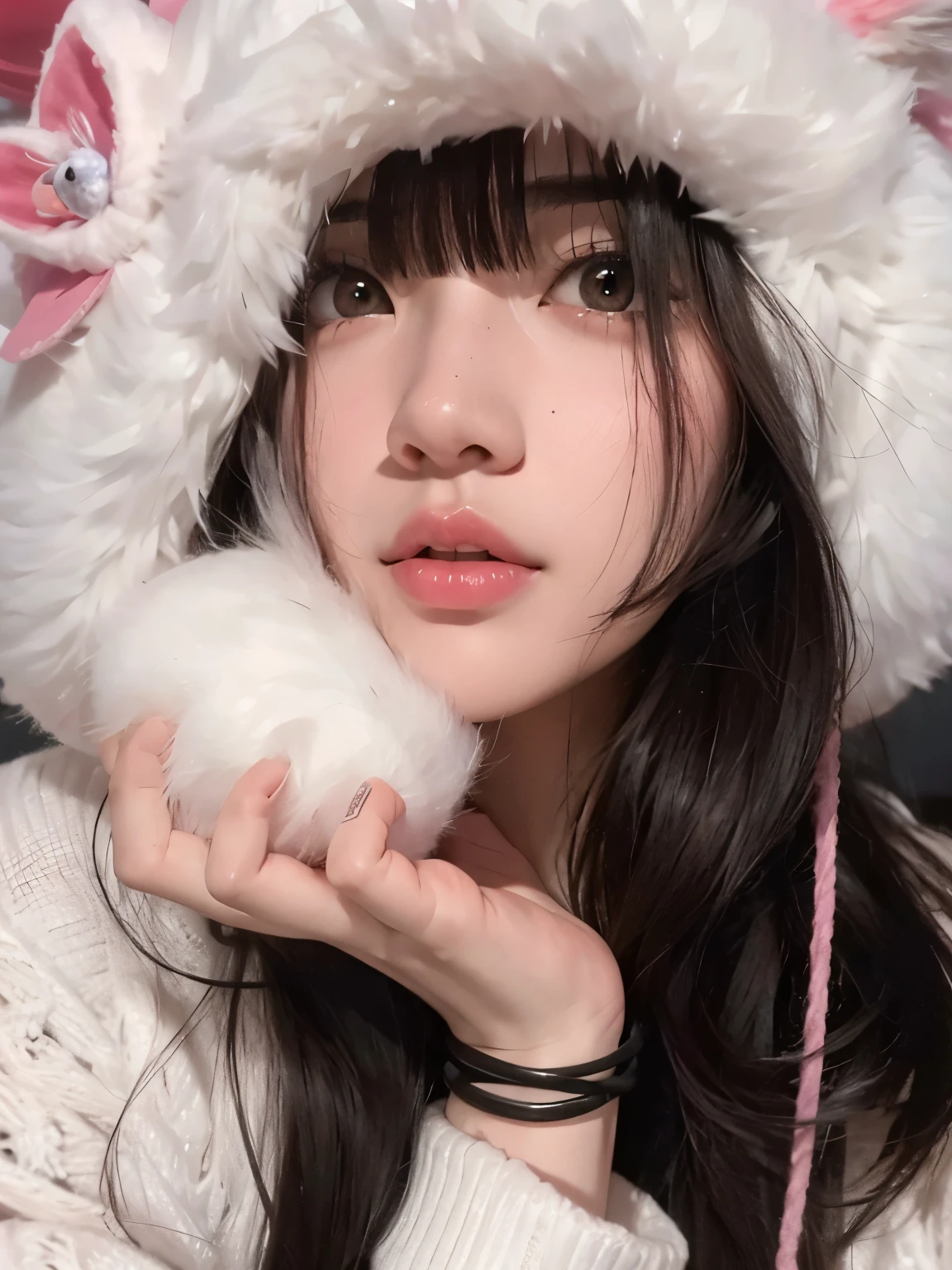 un primer plano de una mujer con un sombrero peludo y sosteniendo una pelota esponjosa, bella delfina, muy hermosa linda catgirl, sakimichan, pale, snow-white skin, linda chica kawaii, ulzzang, orejas de zorro blanco, chica anime en la vida real, Retrato realista kawaii, shikami, lindocore, chica linda-cara-fina, con orejas de conejo