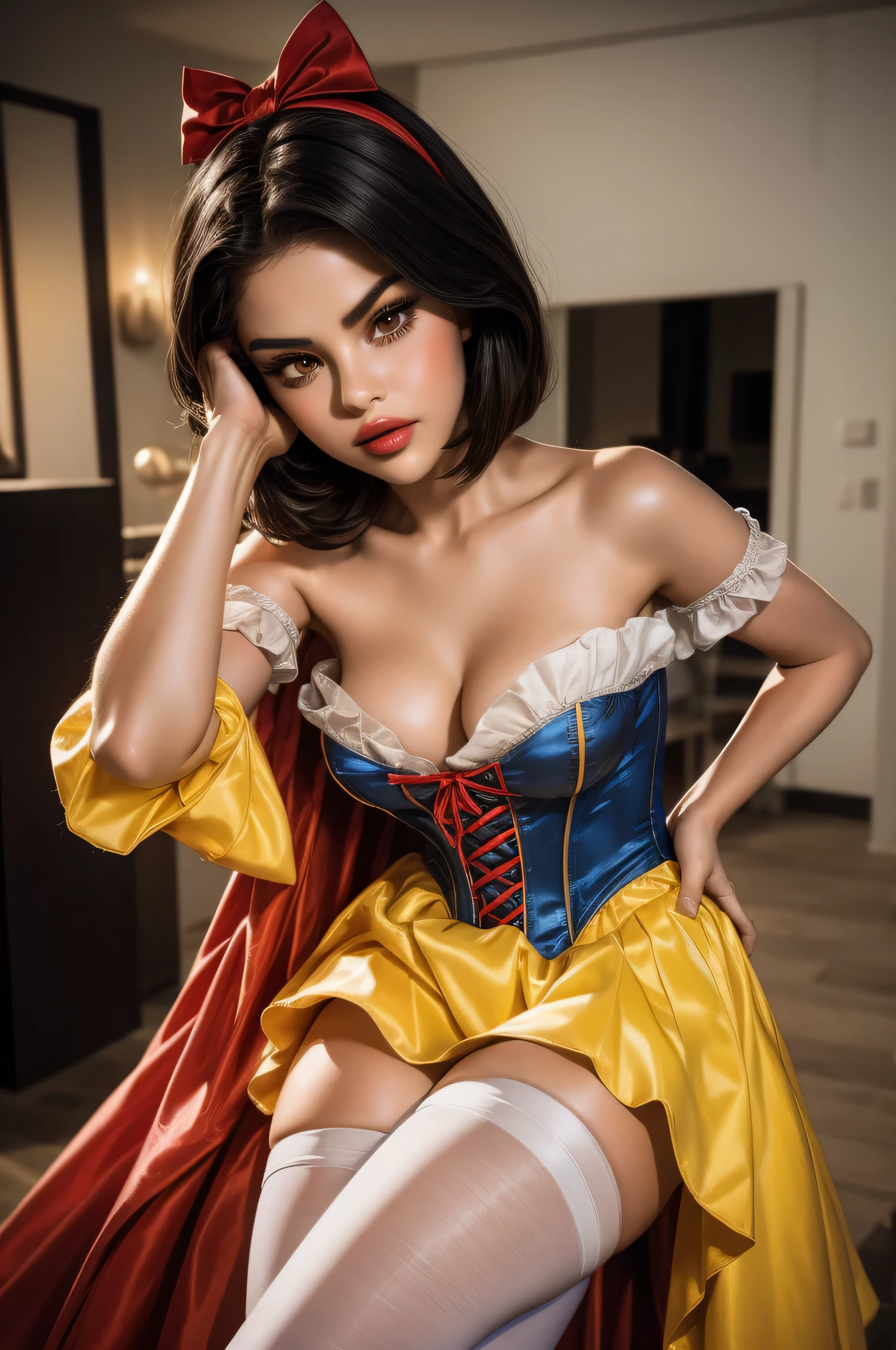 Beautiful Selena Gomez, snow white cosplay, silk blue corset, yellow pleated silk skater skirt, red and white slashed puffed shoulder sleeves, black bob hair, red headband, red cape, silk, satin, photorealistic, masterpiece, best quality, beautifully detailed face, detailed skin, white leggings, sexy, 