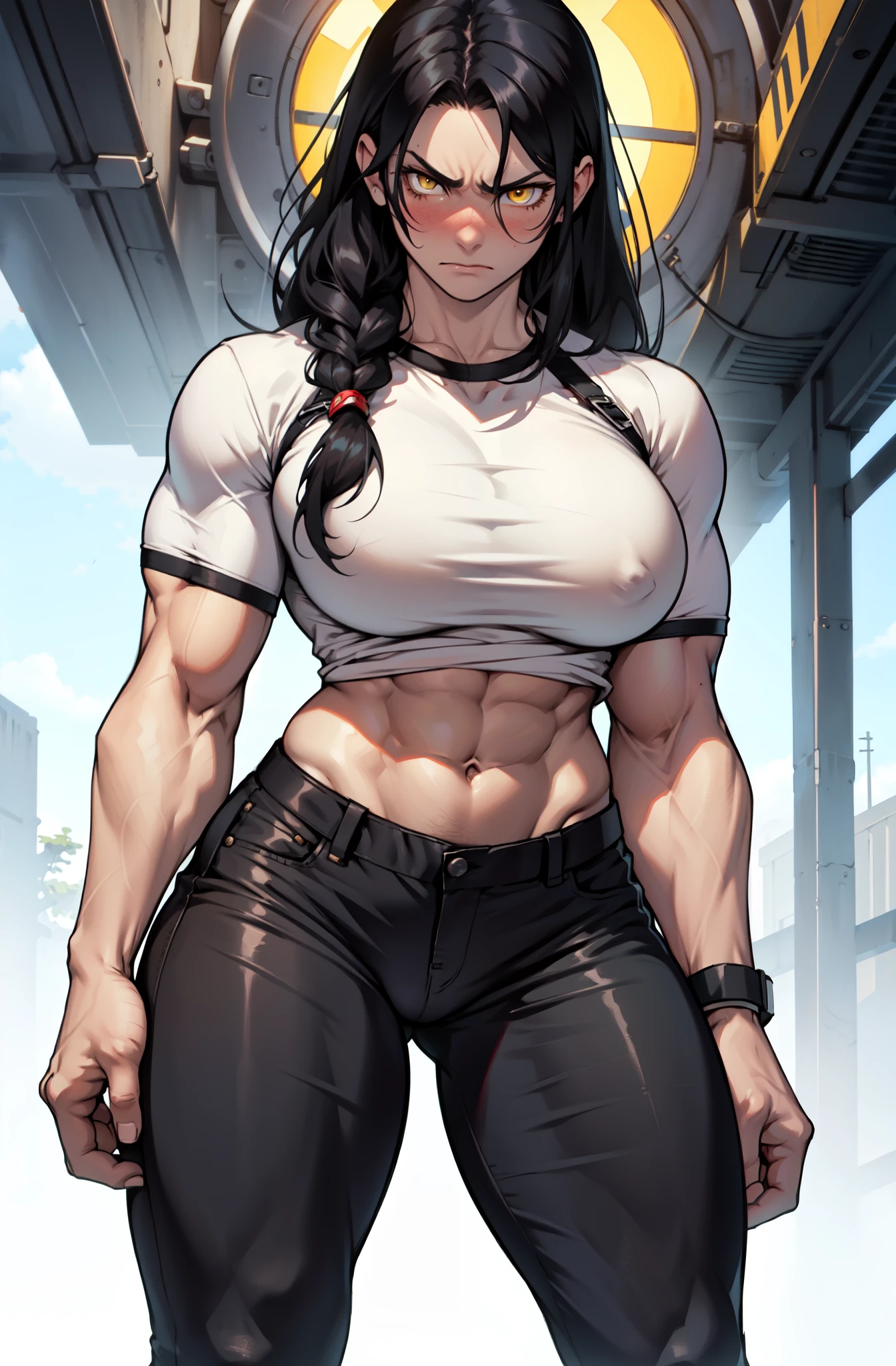 1girl, extremely long hair, solo, ((muscular)), veins, black hair, yellow eyes, blushing, thick thighs, pale skin, strong, veins, abs, big thighs, huge breasts, navel, standing, angry, tight pants, tight shirt