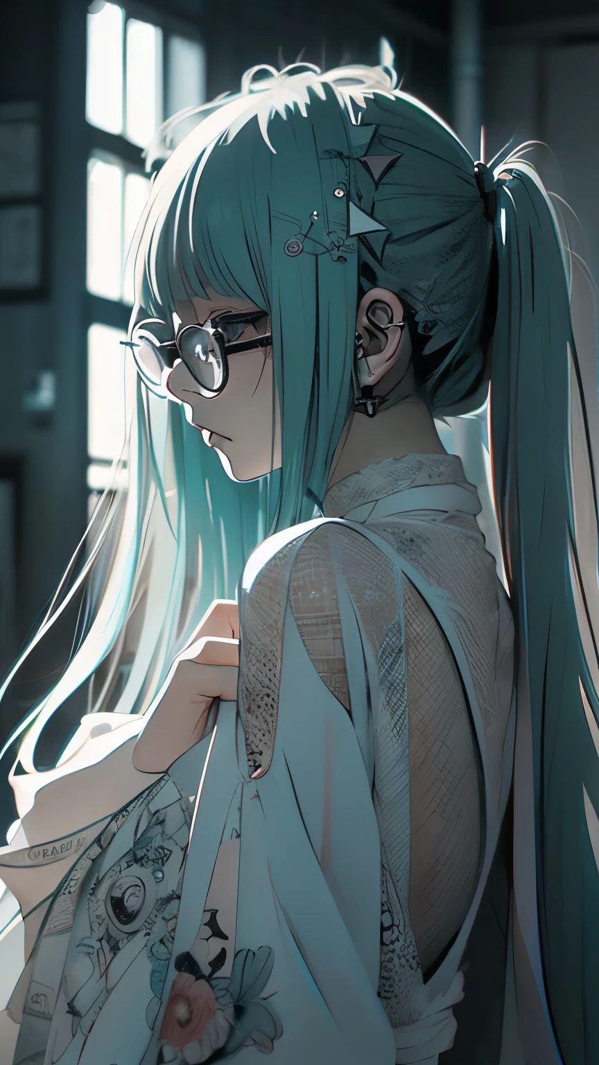 、grayscale、one piece、messy hair、Sloppy、cross-eyed、drunk、turned around、( stupid / sexual ecstasy)、turned around、glasses、highest quality, realistic, Super delicate illustration, beautiful and charming anime girl, miku hatsune, slender body, tied hair, one girl, girl pictures, full body shot, beautiful blue eyes, turned around,