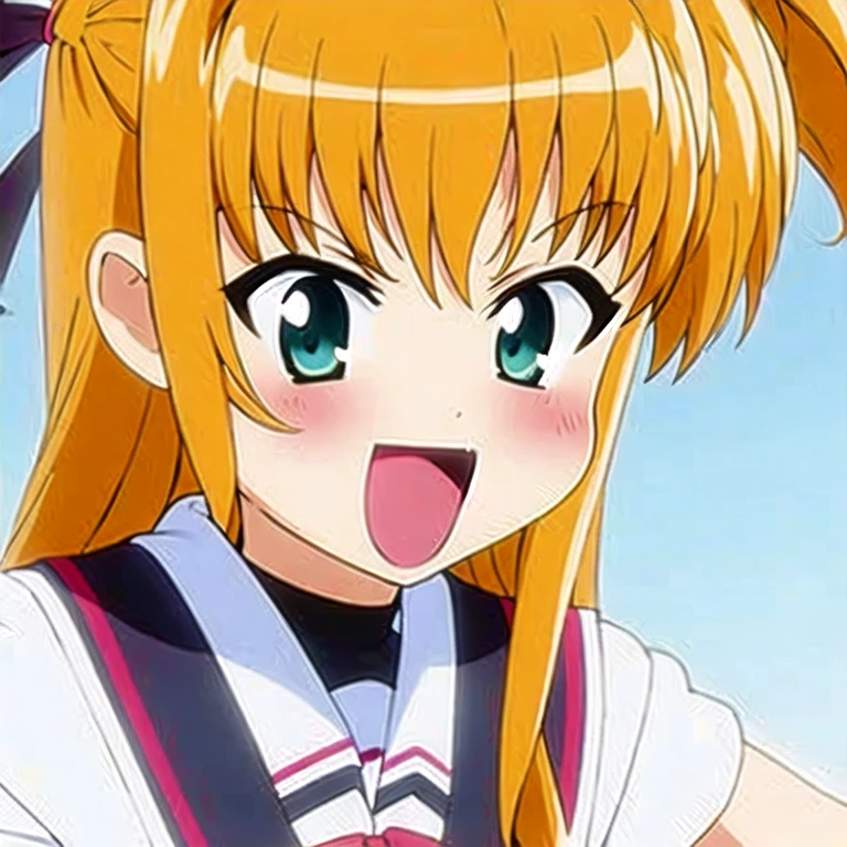(masterpiece, best quality:1.2), 1girl, solo(masterpiece, best quality:1.2), 1girl, solo, Magical girl lyrical Nanoha,Arisa Bunnings,anime、(anime)ロングヘア、金髪,制服,elementary school student,child
