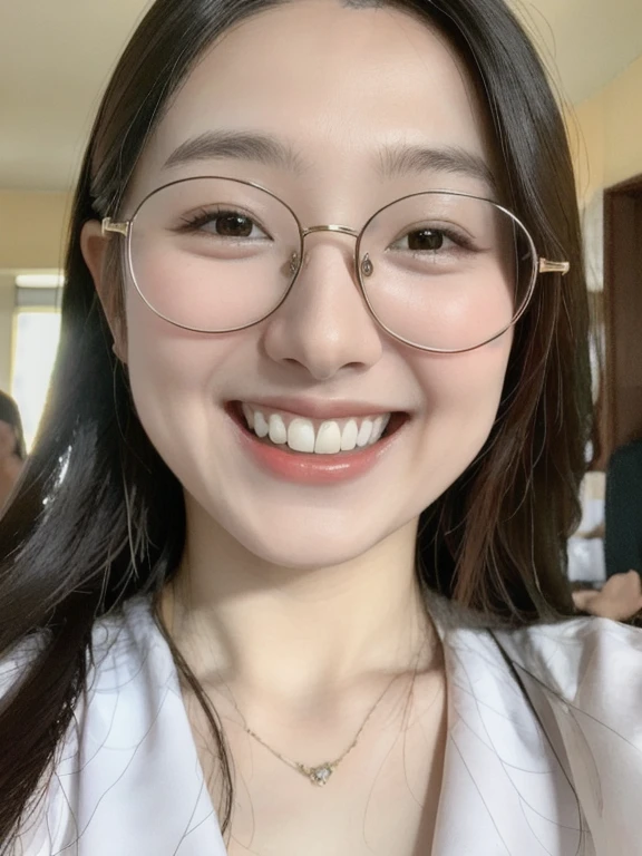 (realistic、masterpiece、Best Quality、8K、highres、high resolution:1.3)、1 glasses girl、Huge breasts、smile、white bikini、straight white teeth、looking at viewers、super fine face and eyes、long hair、indoor、 upper body、