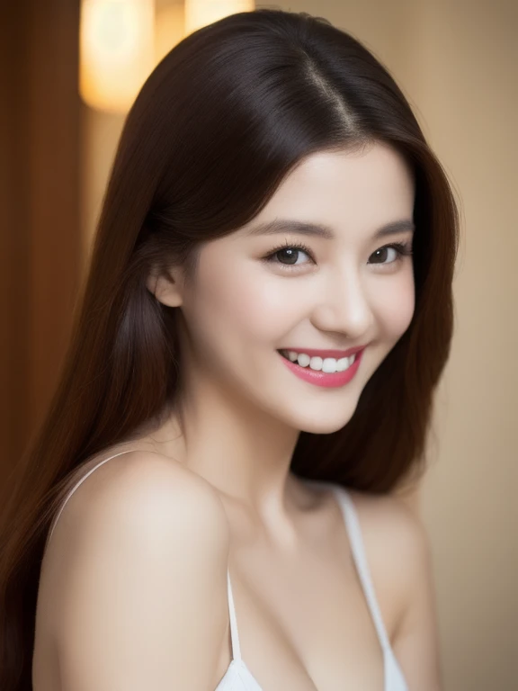 (realistic、masterpiece、Best Quality、8K、highres、high resolution:1.3)、1 glasses girl、Huge breasts、smile、white bikini、straight white teeth、looking at viewers、super fine face and eyes、long hair、indoor、 upper body、