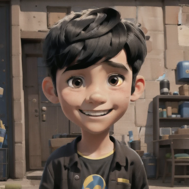 12 year old boy,called Tuco, kind, social, with a smile on his face, confident, cunning and very smart. Gender: Male, short black hair. black eyes. Slightly fair skin tone. His usual uniform is t-shirt, shorts and sneakers, 1boy, solo