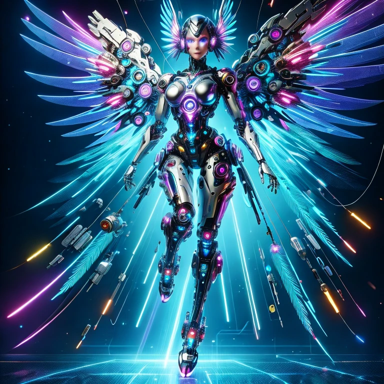 (masterpiece, best quality:1.2), Futuristic, mechanical female angel, high-tech machinery, dreamy radiance, full body, female figure, floating mid-air, intricate craftsmanship, masterpiece, glowing, neon lights, high-tech mechanical parts, mechanical fingers, mechanical wings, mechanical head, metal feathers, cool appearance, mechanical legs, biomimetic eyes, intricate feather design, dreamy radiance, electric blue, bright purple, vividly glowing eyes, reflective metallic surfaces, interlocking mechanical gears, dynamic fashion, motion blur effect, sci-fi atmosphere, aerodynamic streamlined, laser scanning patterns, holographic projection, glowing circuit lines, electric sparks, shiny chrome