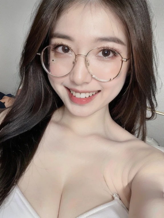 (realistic、masterpiece、Best Quality、8K、highres、high resolution:1.3)、1 glasses girl、Huge breasts、smile、white bikini、straight white teeth、looking at viewers、super fine face and eyes、long hair、indoor、 upper body、