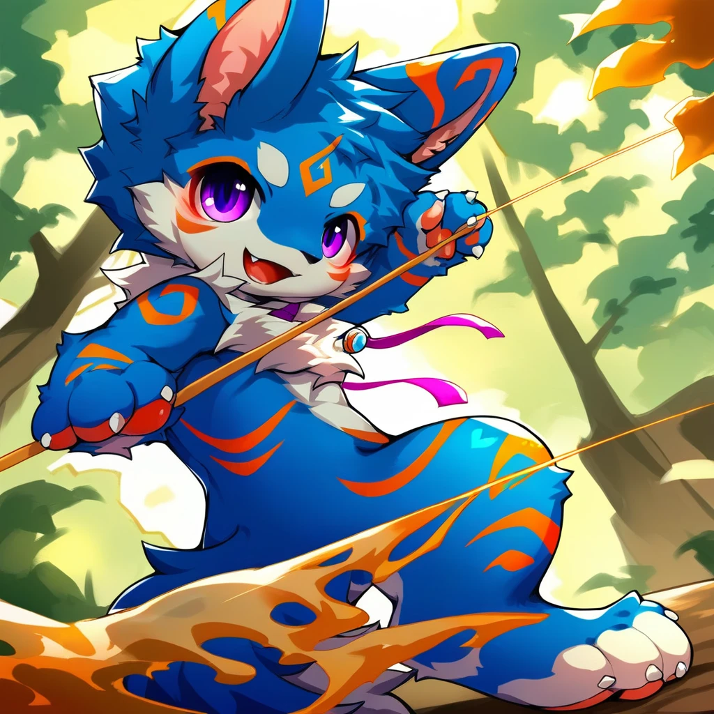 score_7_up, score_6_up, score_5_up, score_4_up, source_furry, no human BREAK from side, line art, anime, by huolongguo, bodypaint, blue fur, solo, furry,1boy, (cub), digitigrade, 4 finger, fangs, forest background