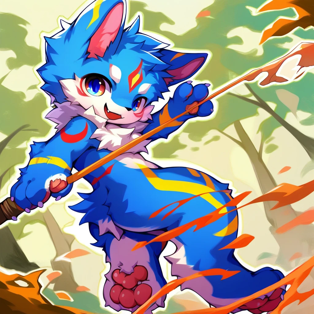 score_7_up, score_6_up, score_5_up, score_4_up, source_furry, no human BREAK from side, line art, anime, by huolongguo, bodypaint, blue fur, solo, furry,1boy, (cub), digitigrade, 4 finger, fangs, forest background