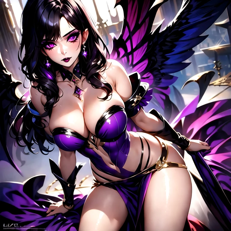 (masterpiece, best quality:1.2), 1girl, solo, morgana, beautiful face, black mascara, dark lips, eyeshadow, purple dress.