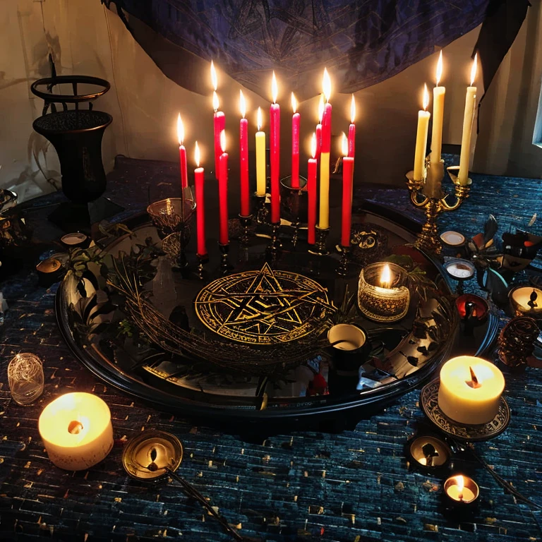(masterpiece, best quality:1.2), Black magic, altar, pentagram, candles, forbidden knowledge, demon summoning, tarot reading, horror, gloomy atmosphere, mysticism