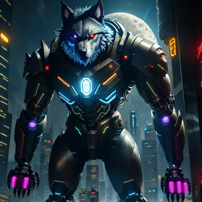 (masterpiece, best quality:1.2), 1creature solo, cybernetic werewolf, metal body armour, neon detail, cybernetic enhancements, laser eyes, dystopian future background