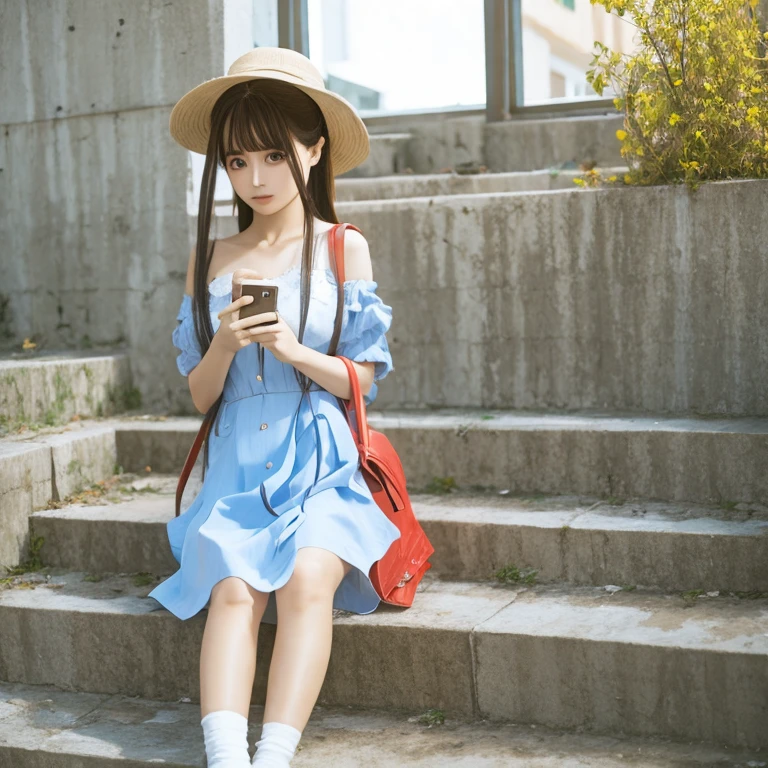 chunmomo,(masterpiece, best quality:1.2), 1girl, solo,bag,hat,dress