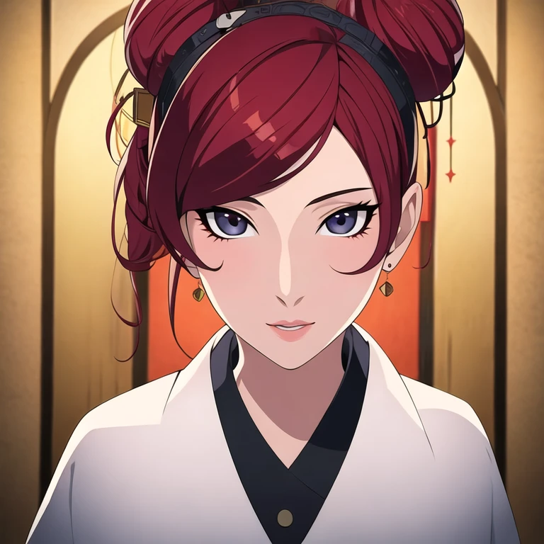 (Masterpiece, best quality:1.4), bokeh effect, volumetric lighting, A high resolution, extremely detailed illustration 8k, 1 woman, solo, very detailed face, detailed eyes, (red hair, 2 red hair buns), black eyes, beautiful woman, perfect woman,