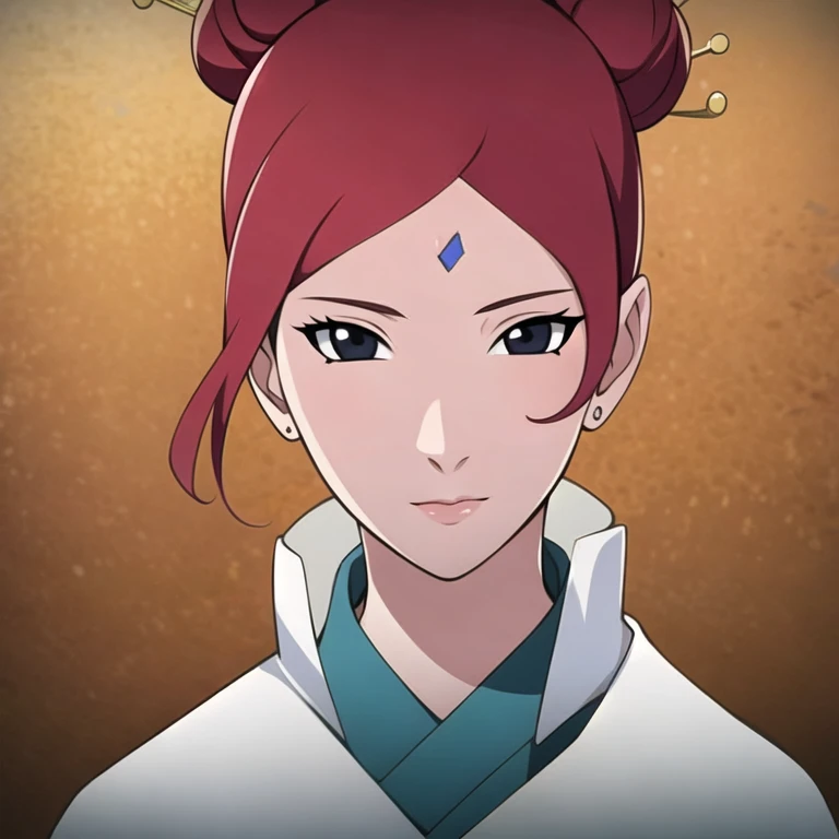 (Masterpiece,  best quality:1.4), bokeh effect, volumetric lighting, A high resolution, extremely detailed illustration 8k, 1 woman, solo, very detailed face, detailed eyes, (red hair, 2 red hair buns), black eyes, beautiful woman, perfect woman, 