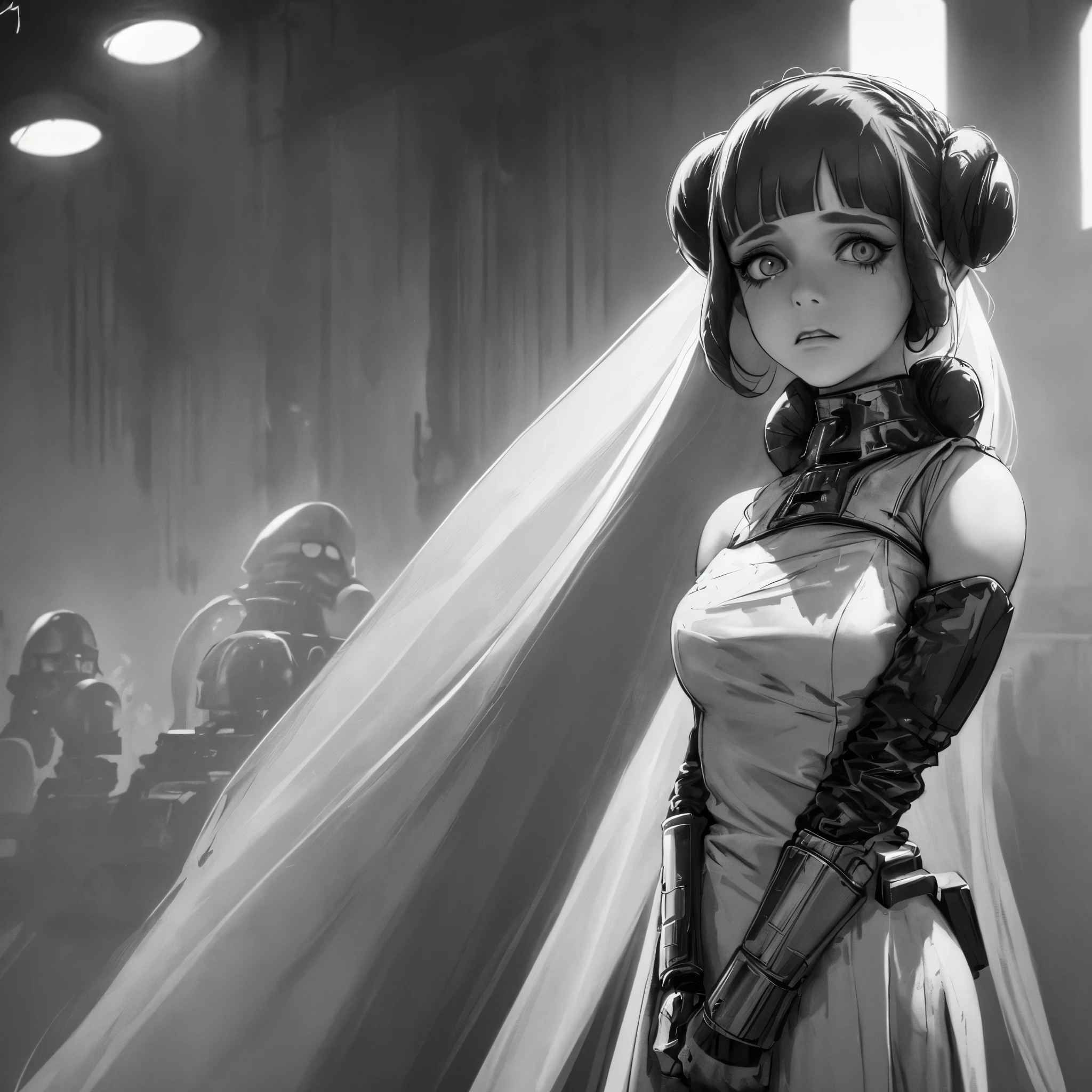 Princess Leia(age 20) in a white dress, prisoner, bleak torture chamber, scary torture droids, offering to please Darth Vader sexually, (best quality, ultra-detailed, realistic:1.37), professional, portraits, white dress, detailed face, long eyelashes, graceful posture, fearful expression, dimly lit room, metallic textures, cold and damp atmosphere, flickering lights, shadows, desolate surroundings, distressed walls, eerie atmosphere, minimalistic decor, haunting ambiance, tense emotions, dramatic composition, subdued color palette, menacing presence, Princess Leia's pleading eyes, solemn mood, intense atmosphere, anxious anticipation, hauntingly beautiful scene, foreboding aura