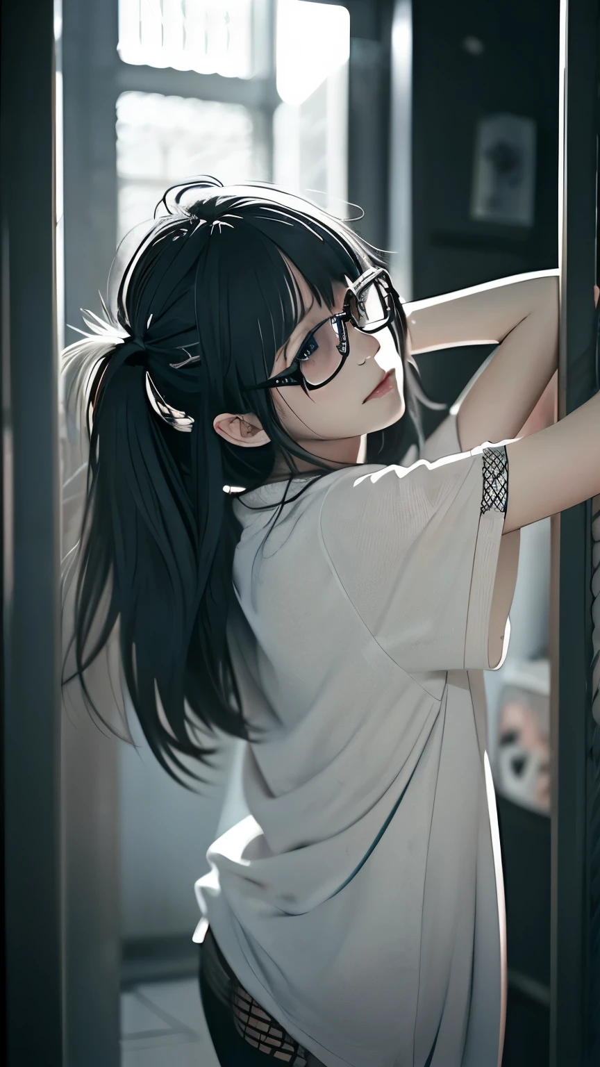 、grayscale、one piece、messy hair、Sloppy、cross-eyed、drunk、turned around、( stupid / sexual ecstasy)、turned around、glasses、highest quality, realistic, Super delicate illustration, beautiful and charming anime girl, miku hatsune, slender body, tied hair, one girl, girl pictures, full body shot, beautiful blue eyes, turned around,