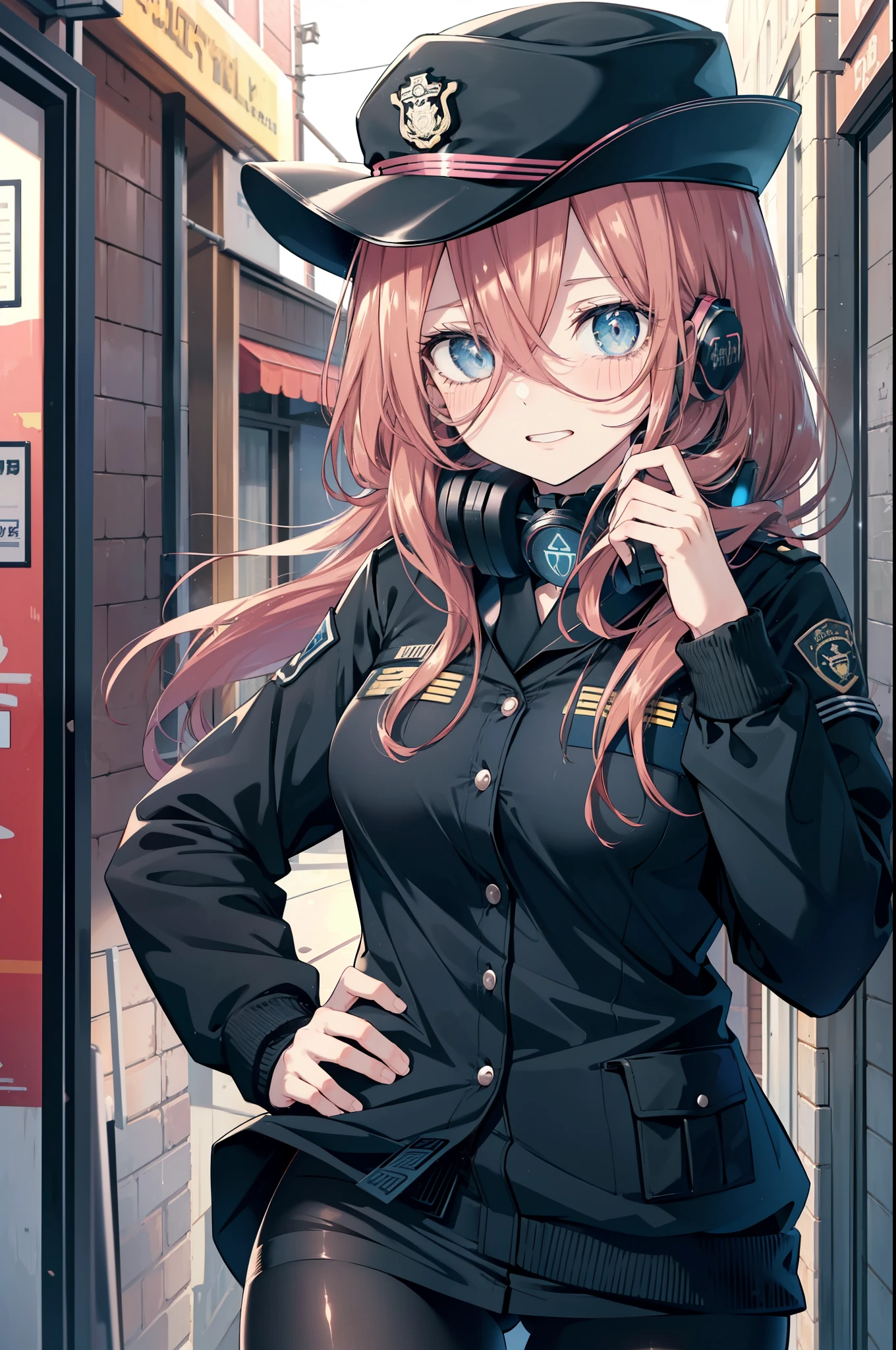 miku nakano, Nakano Miku Ticket III, long hair, bangs, blue eyes, brown hair, hair between eyes, headphones around neck,police hat,smile,blush,open your mouth,sexy police uniform,black pencil skirt,black pantyhose,stiletto heels,The girl salutes with her left hand,Place your right hand on your hip.,Looking up,sunrise,morning,sun,
break outdoors, In town,building street,
break looking at viewer, (cowboy shot:1.5), (Upper body:1.5),
break (masterpiece:1.2), highest quality, High resolution, unity 8k wallpaper, (figure:0.8), (detailed and beautiful eyes:1.6), highly detailed face, perfect lighting, Very detailed CG, (perfect hands, perfect anatomy),