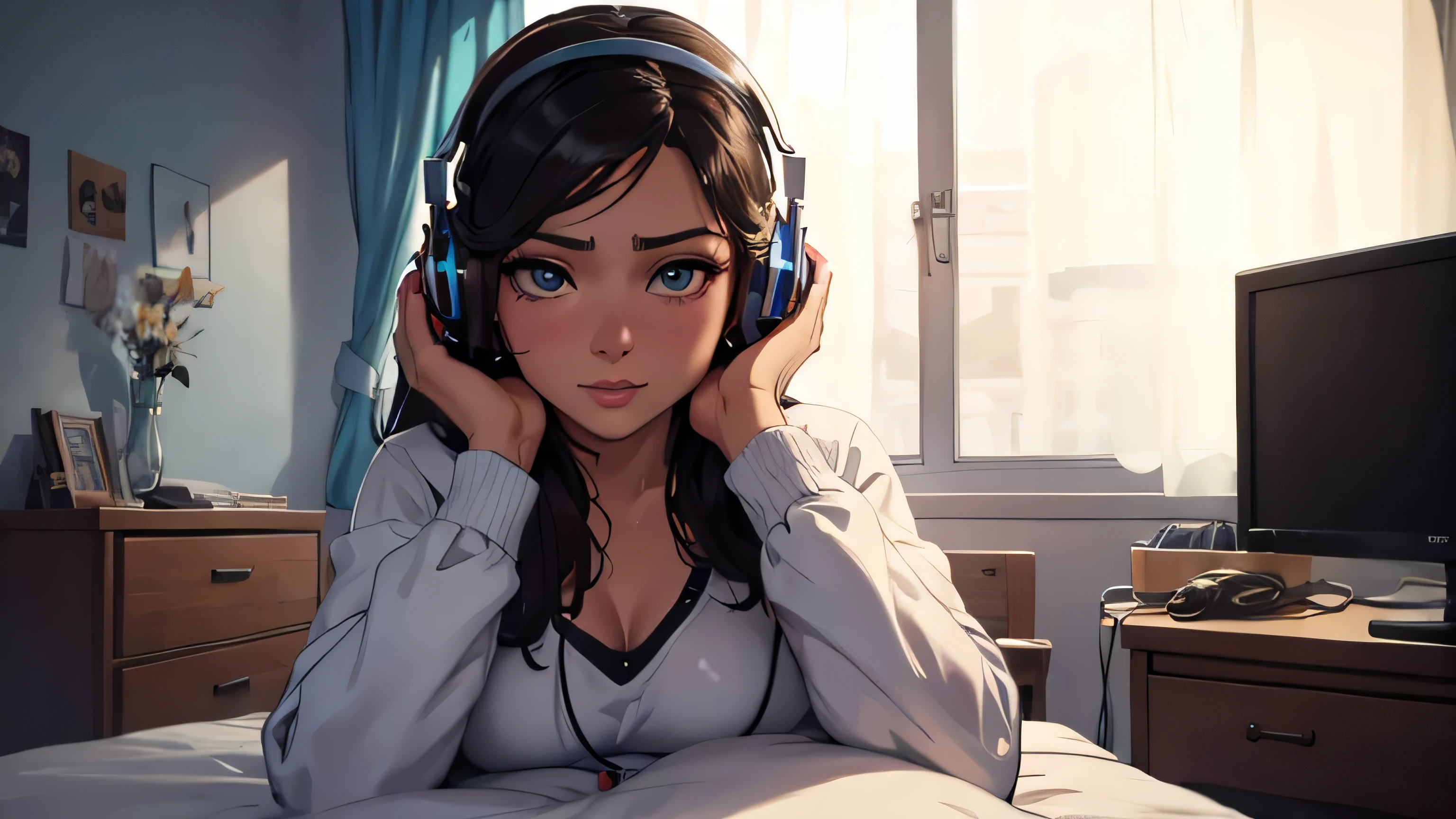 Beautiful realistic cinematic headphones of woman looking at camera in her room.