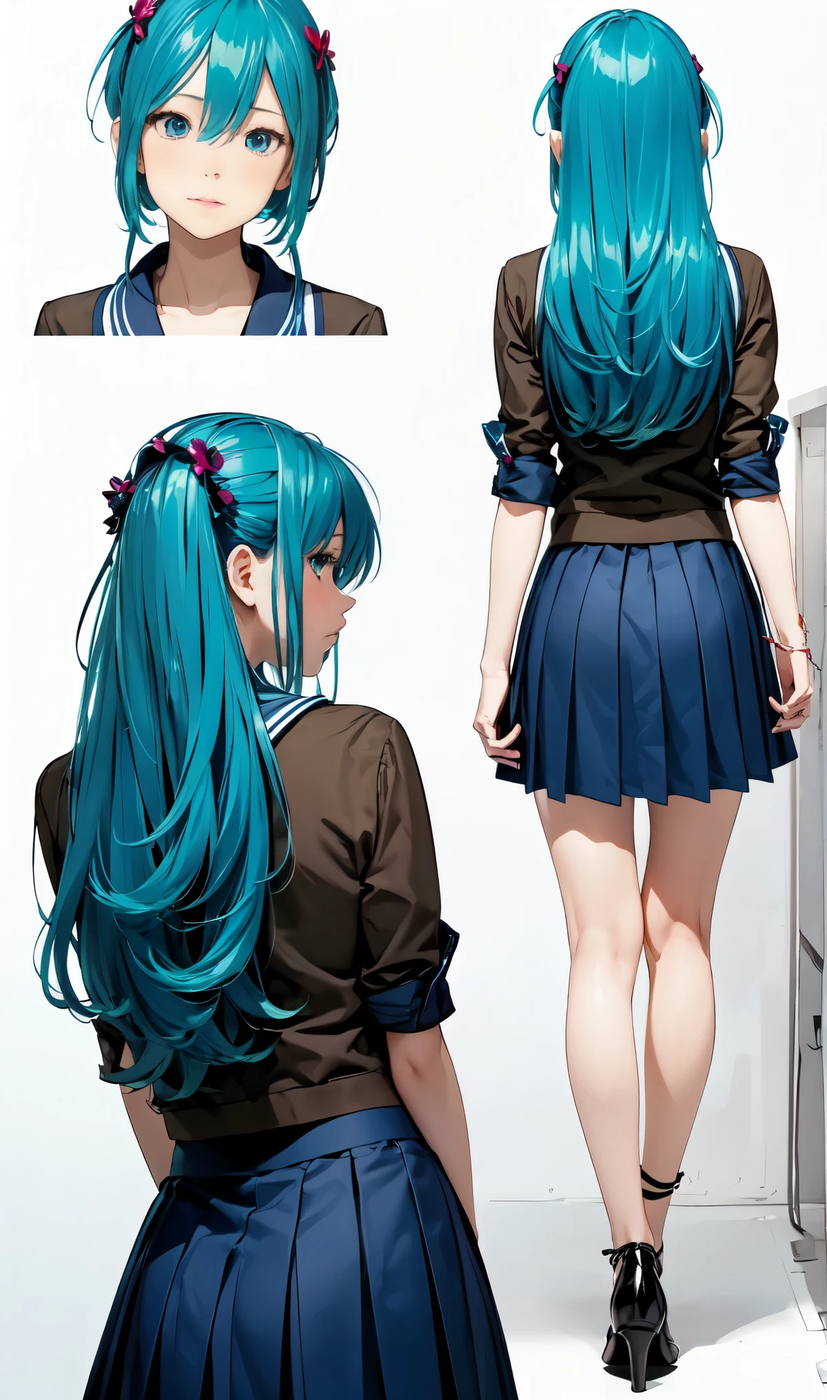 Rear view、back shot、messy hair、blunt bang cut、pleated skirt、messy hair、Sloppy、cross-eyed、drunk、highest quality, realistic, Super delicate illustration, beautiful and charming anime girl, miku hatsune, slender body, tied hair, one girl, girl pictures, beautiful blue eyes, turned around,